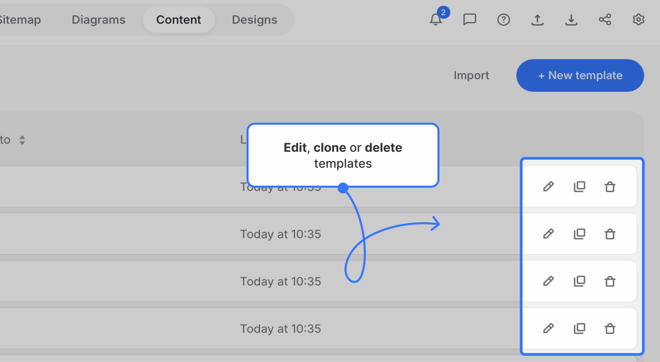 templates dashboard with several templates and their action buttons framed scaled
