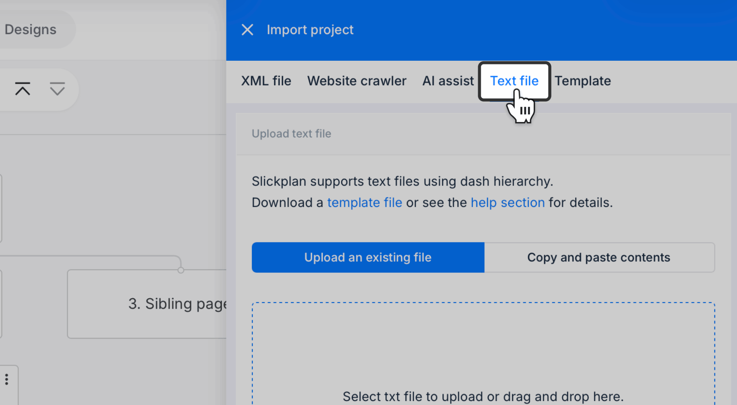 Text file import option framed on the sitemap import panel.