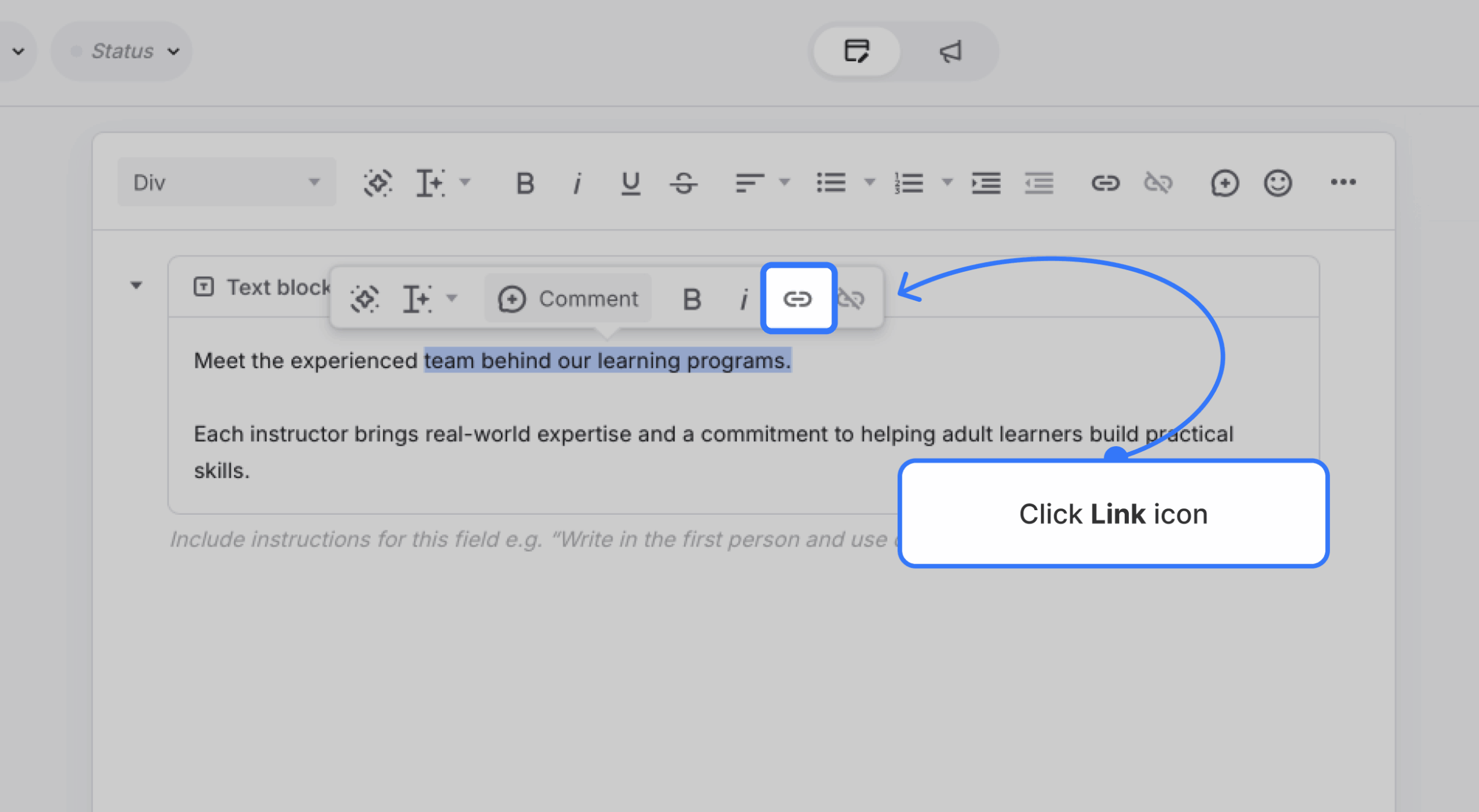 Link icon in content toolbar