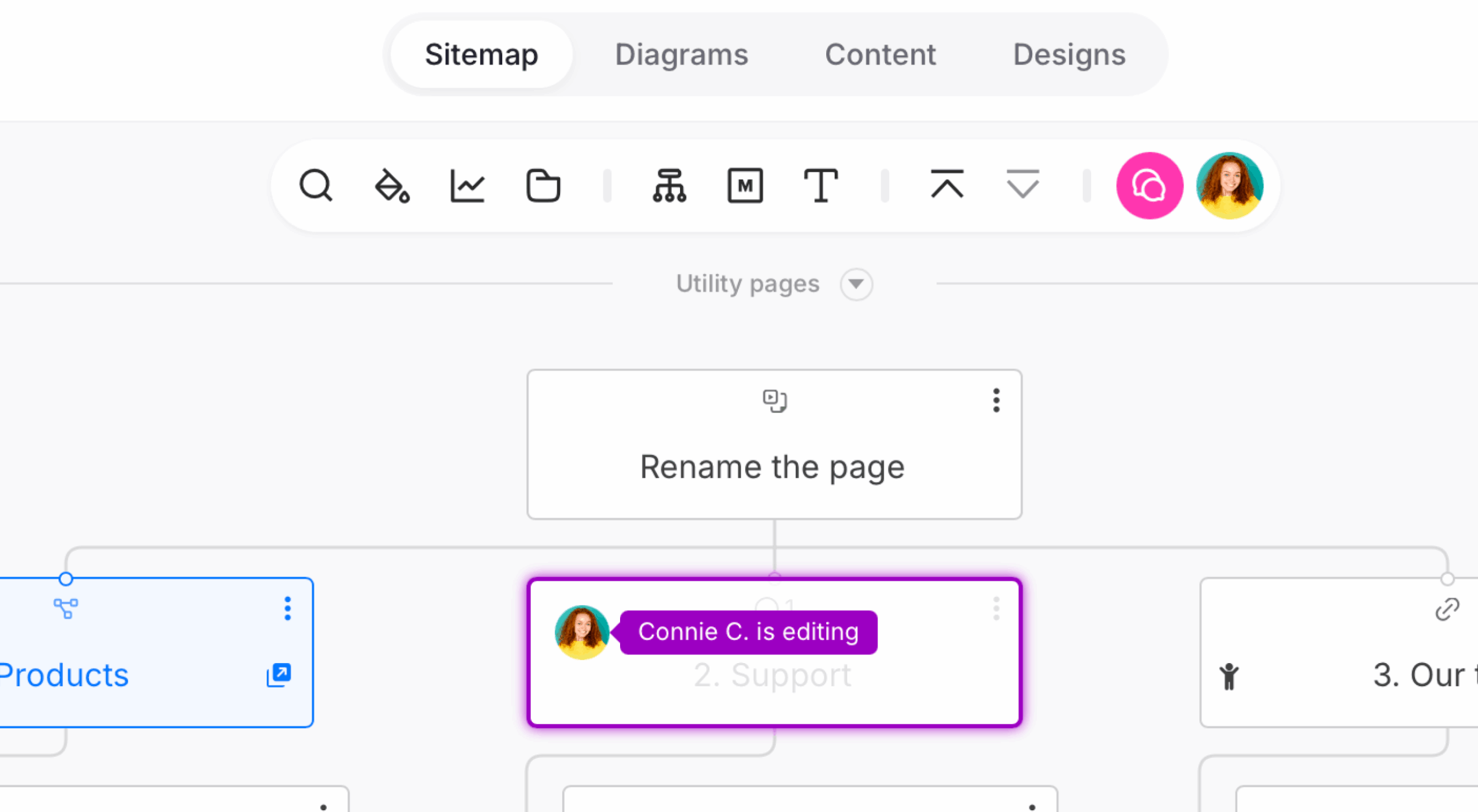 Sitemap page border glowing in purple which indicates that a user is editing it.