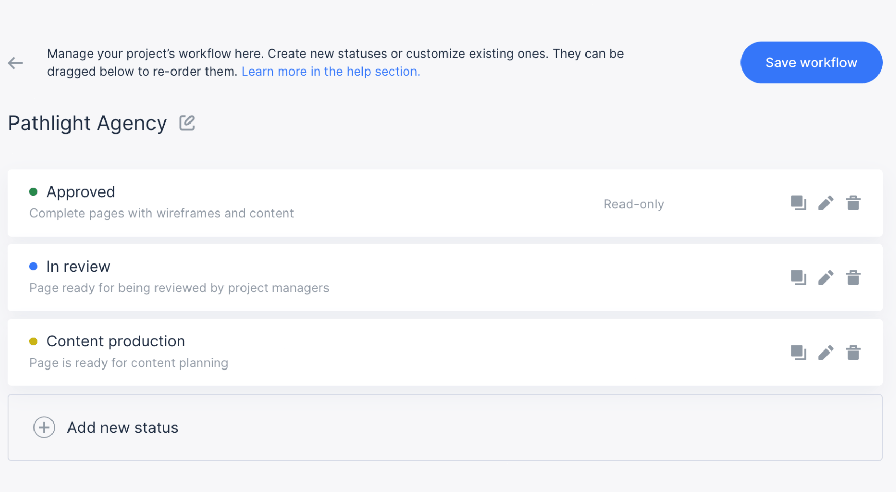 Workflow template editor showing template name and list of statuses