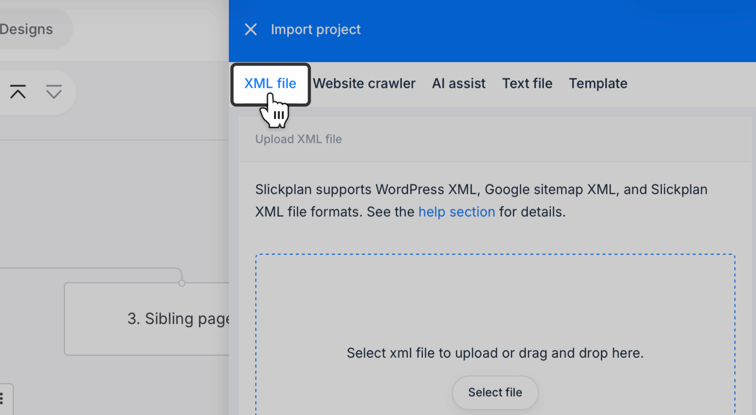 Xml file tab selected on project import panel