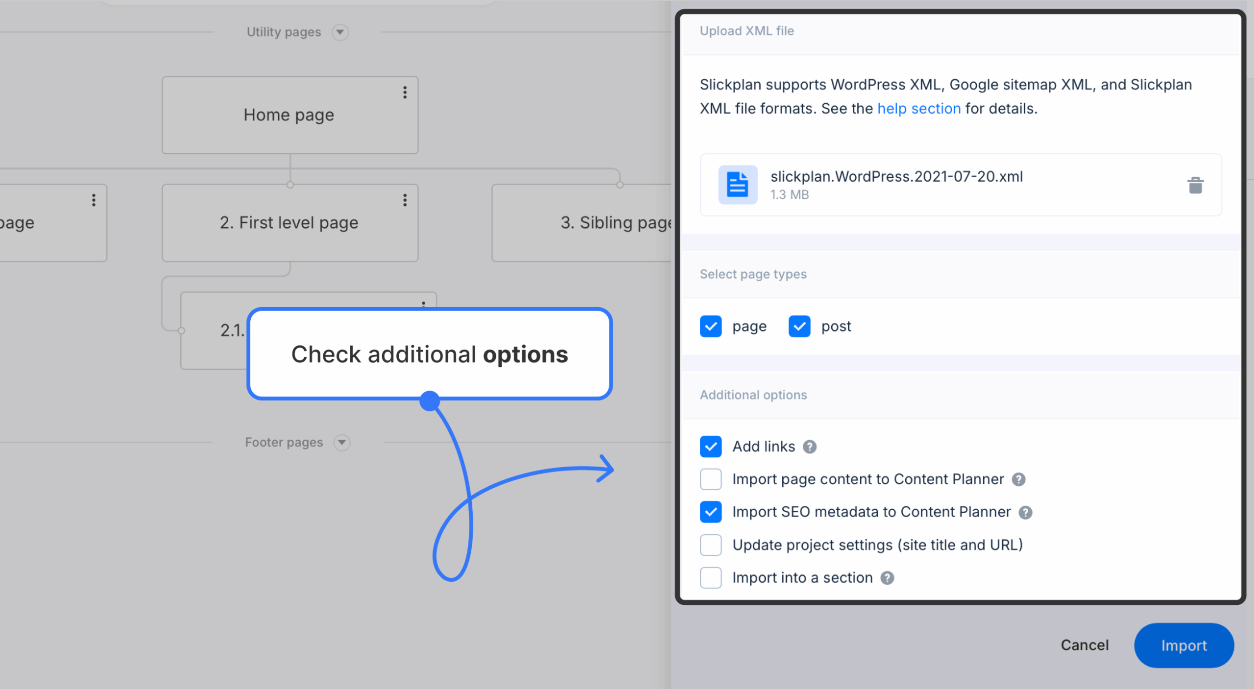 xml file upload additional options checked on import panel scaled