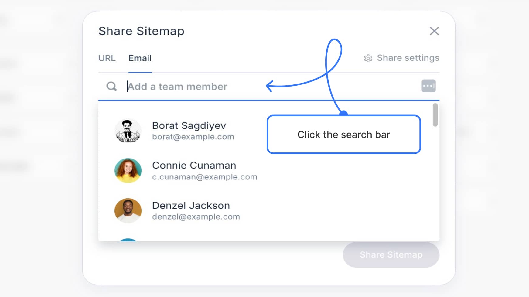 Contact list expanded on the project share modal