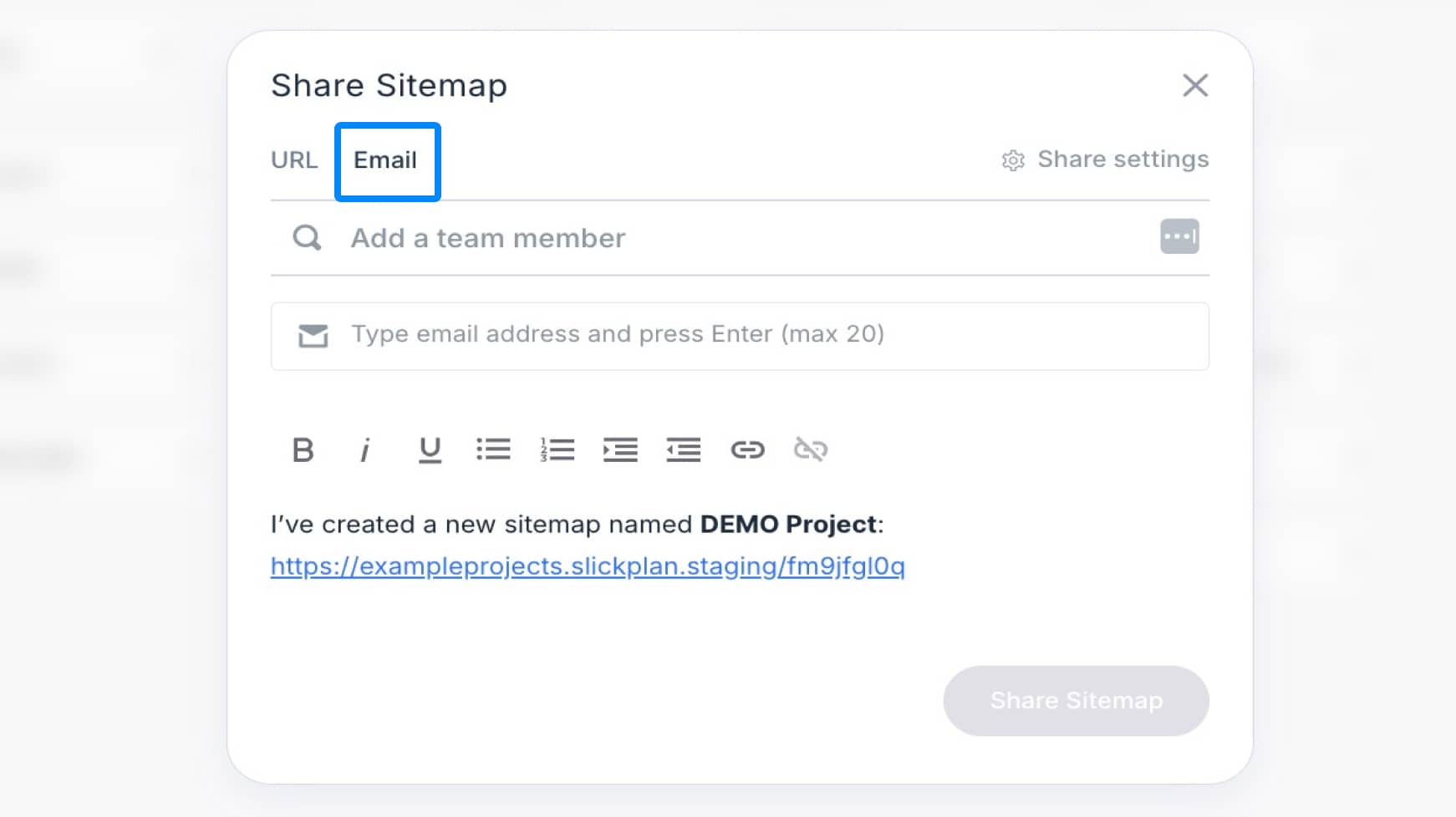 Project share modal open with the email share option highlighted