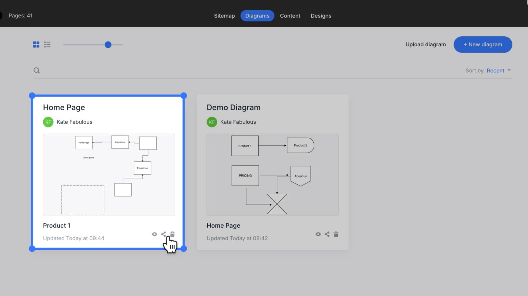 Diagrams tab open with one diagram highlighted and a share button selected