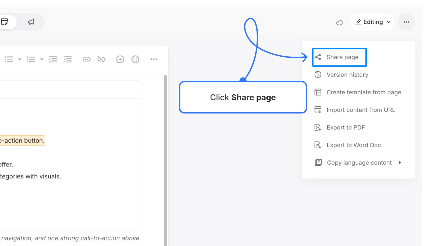 Share page item highlighted in dropdown