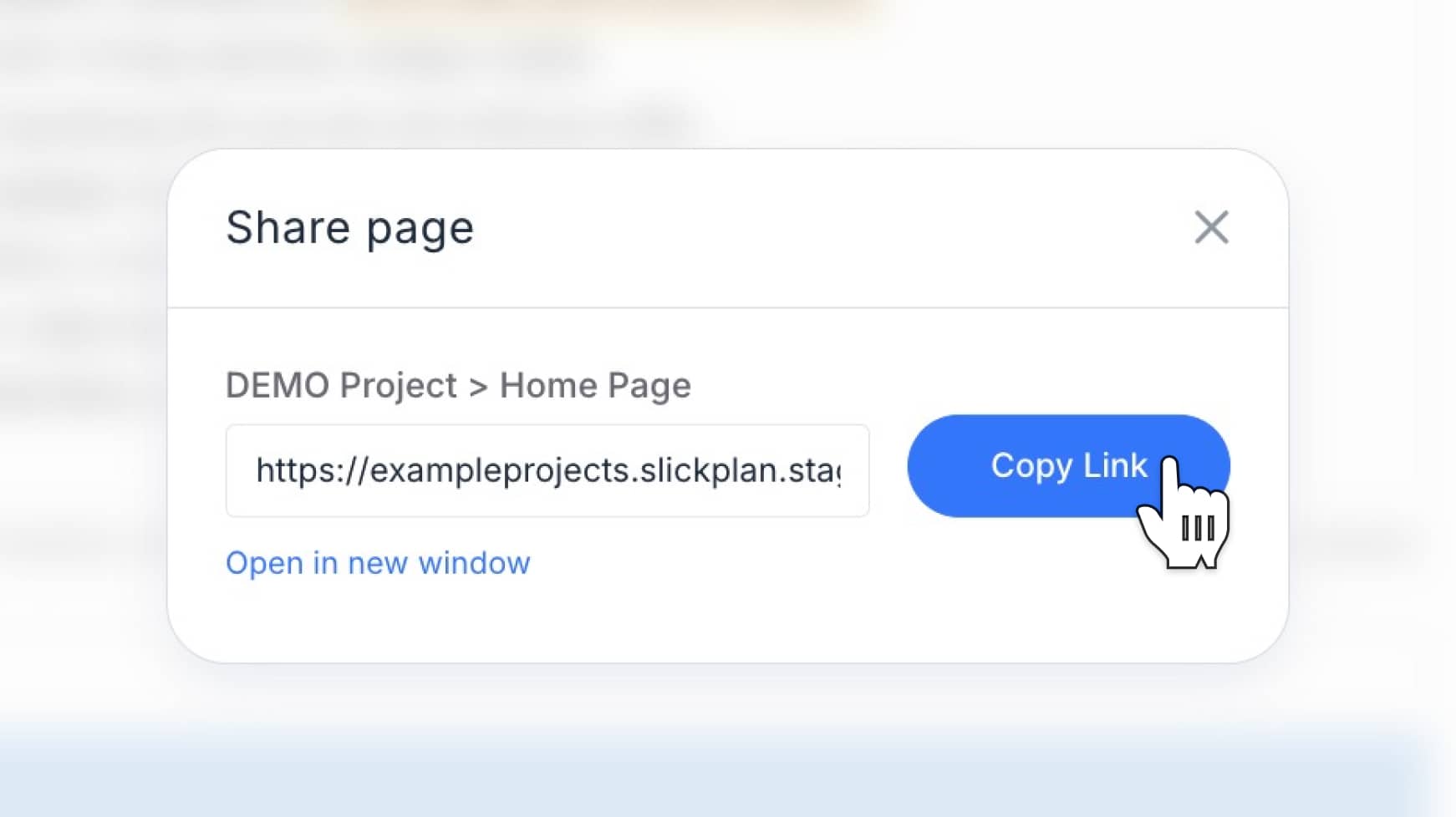 Share page modal with link + new window option