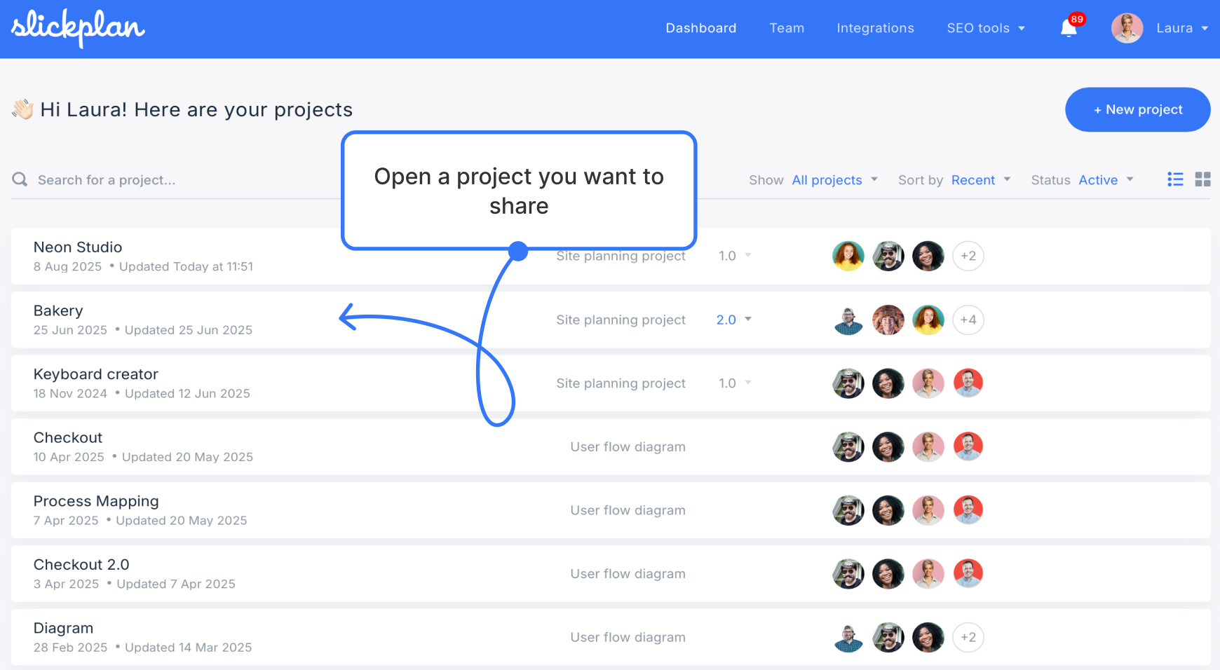 Slickplan dashboard with multiple sitemaps and diagrams listed