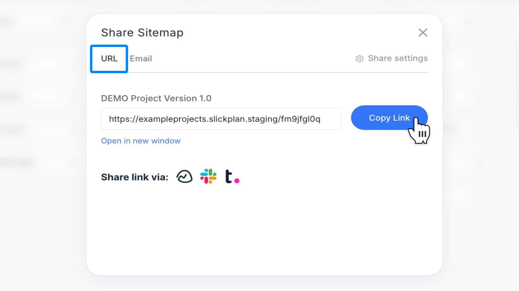 Project share modal open with the URL share option highlighted
