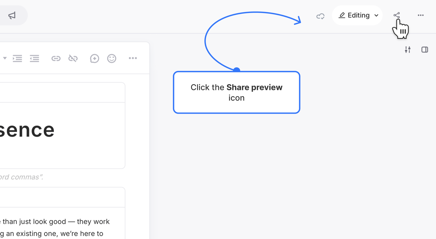 Page editor's upper right corner zoomed in with the hand cursor pointing on the share icon