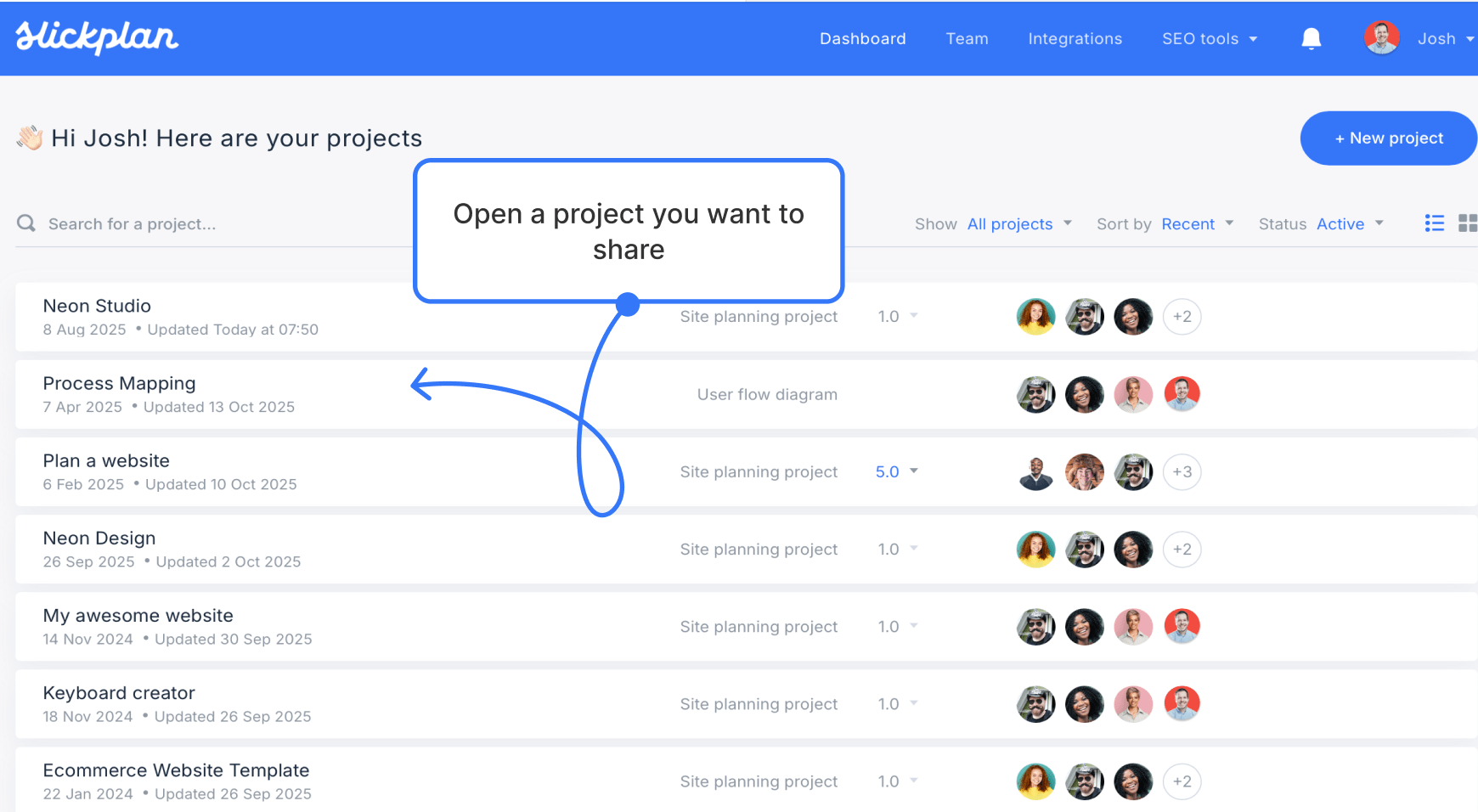 dashboard with project list visible