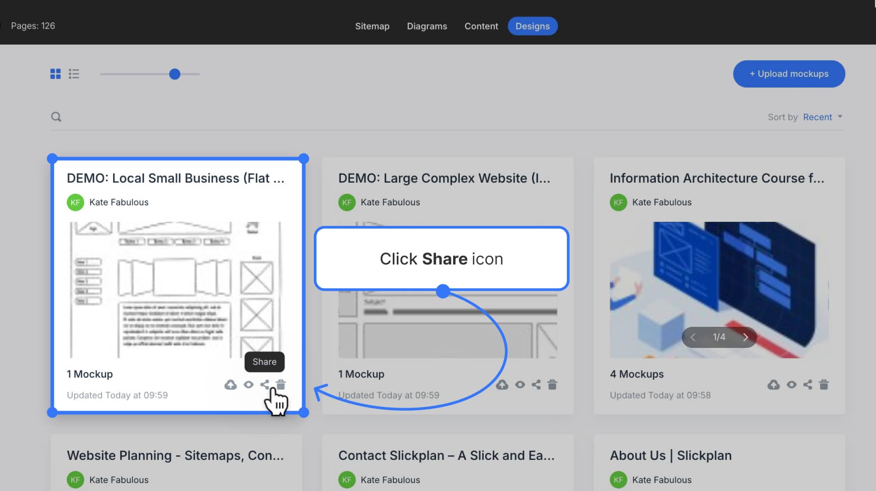 Design mockups tab open with one design highlighted and share button selected
