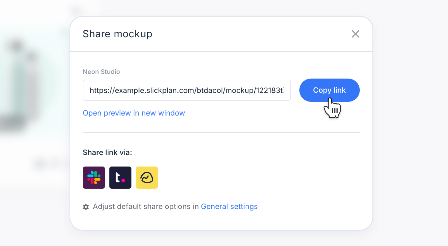 Design mockups share modal opened and zoomed in