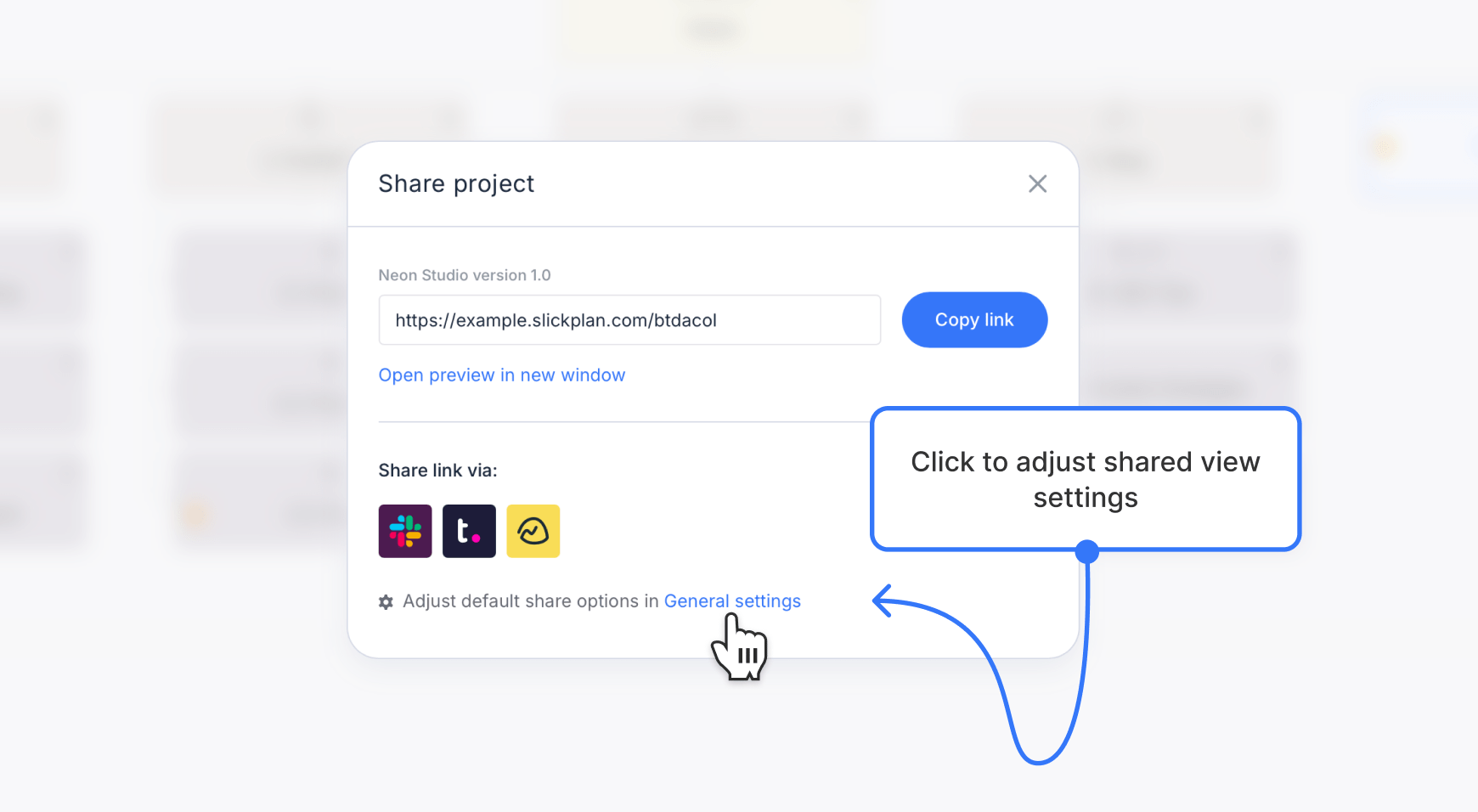 Share modal window showing the General settings link at the bottom.