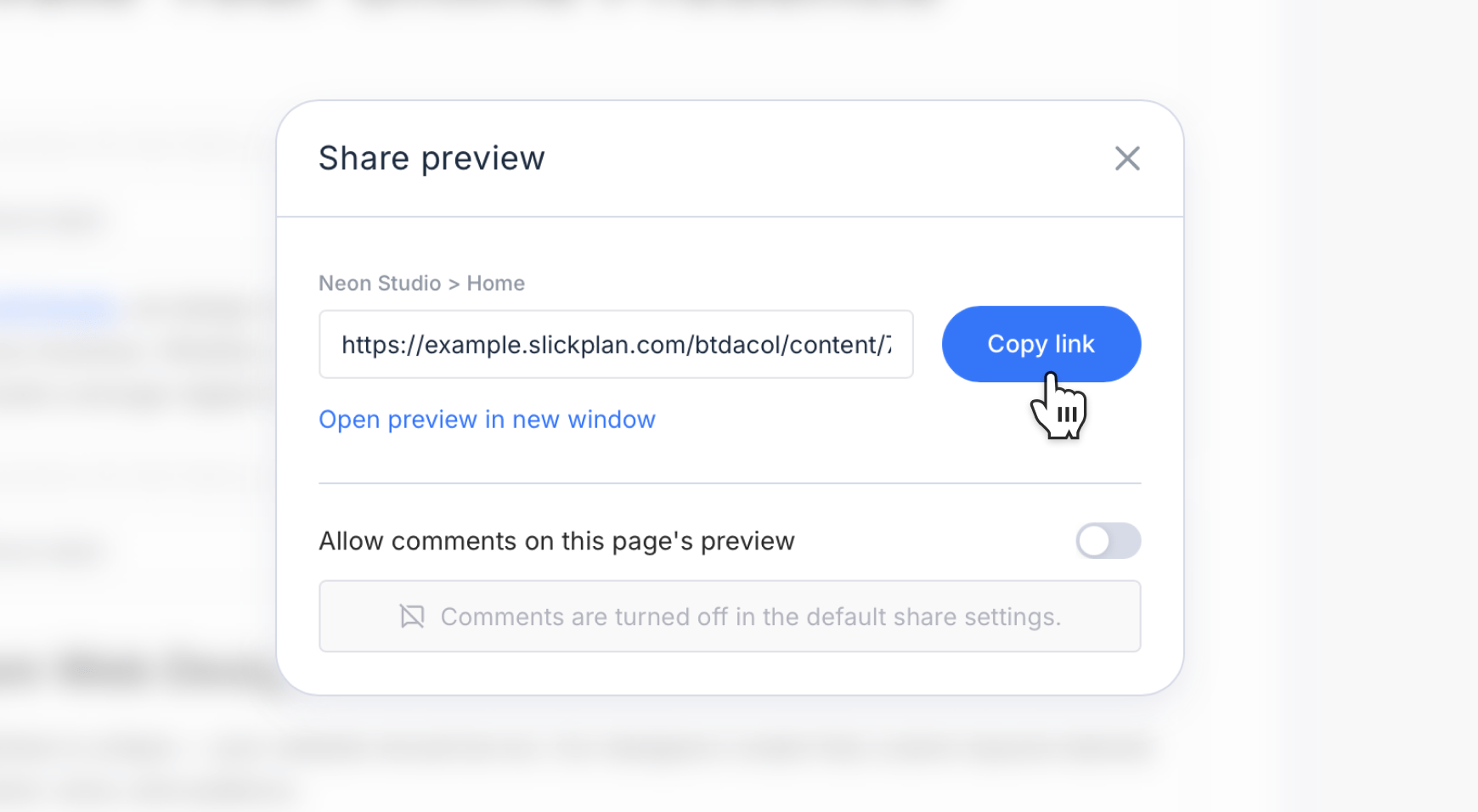 Page share modal opened and zoomed in with the hand cursor pointing on Copy Link button
