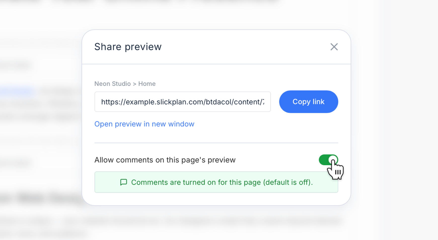 Page share modal opened and zommed in with the commenting option enabled