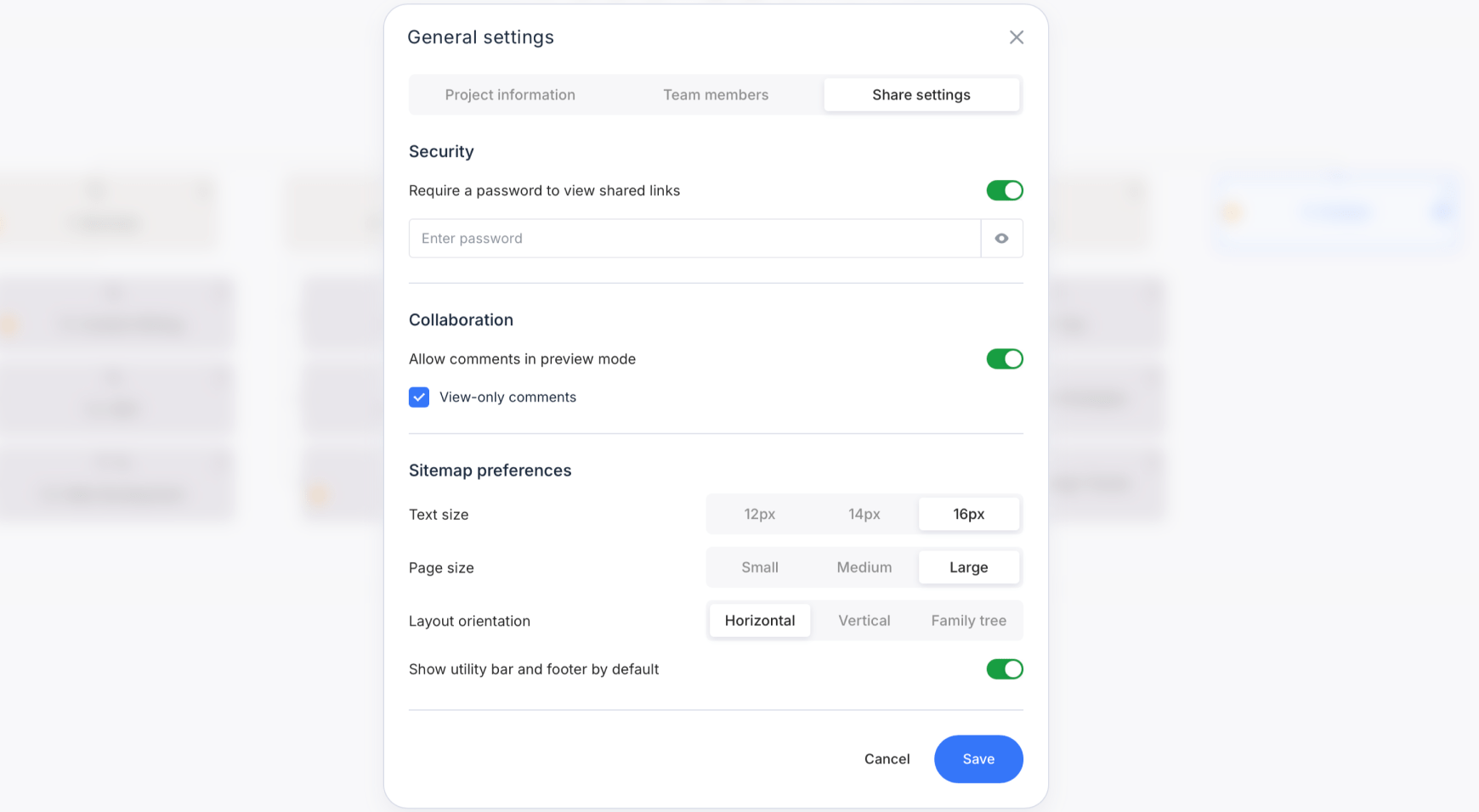 Project settings modal menu opened with the share settings tab selected