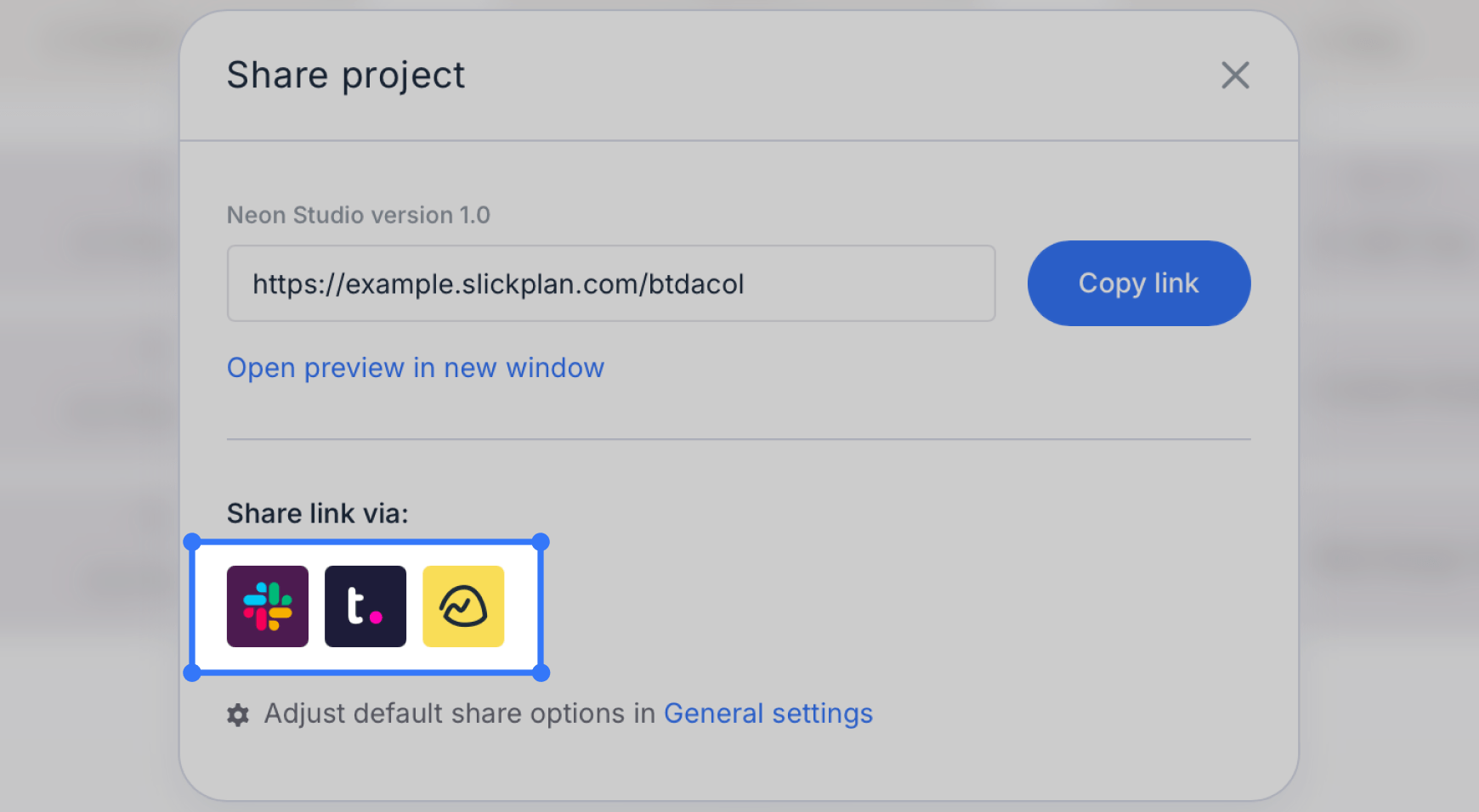 Share modal window with bounding box highlighting Slack, Teamwork, and Basecamp integration icons below the share options.