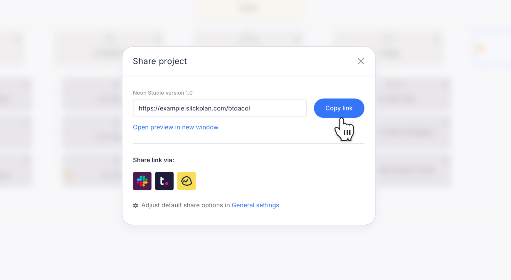 The Share Projet modal menu opened and zoomed in with the cursor pointing on the Copy Link button