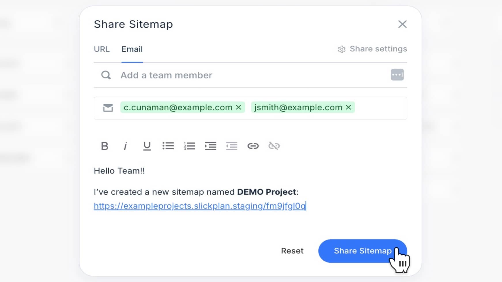 Project share modal with email sharing option and recipients selected