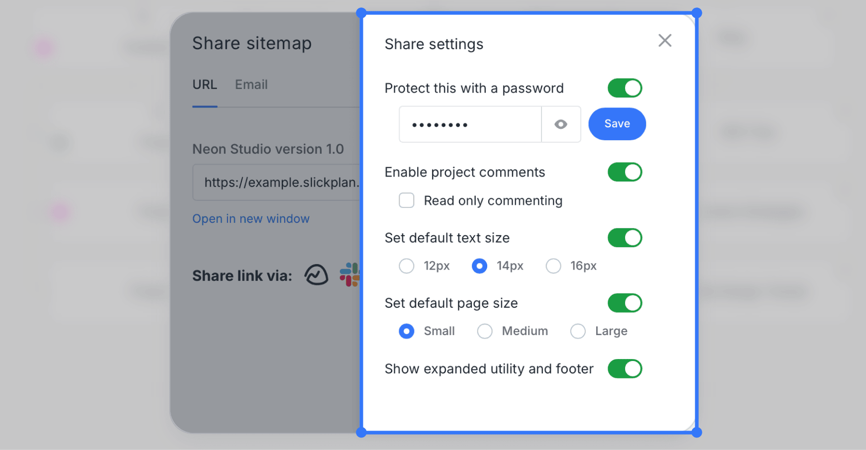 Share Settings modal with all updated toggles and layout visible