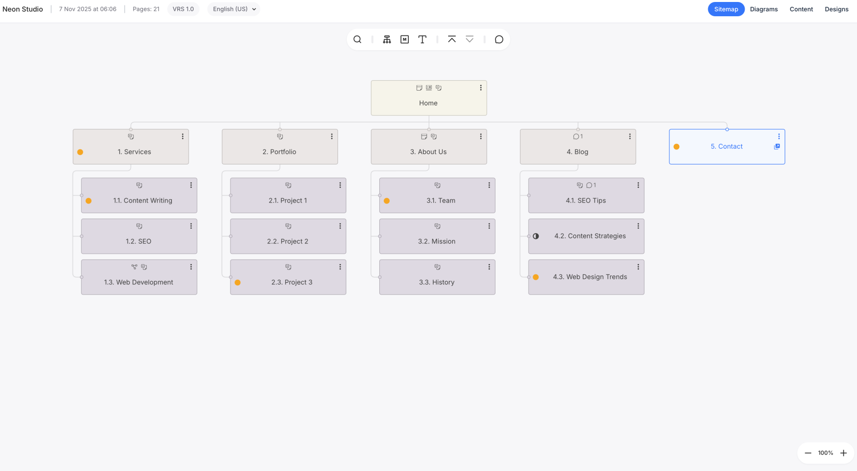 Preview mode showing a shared project with visible comment markers on the sitemap and sidebar.