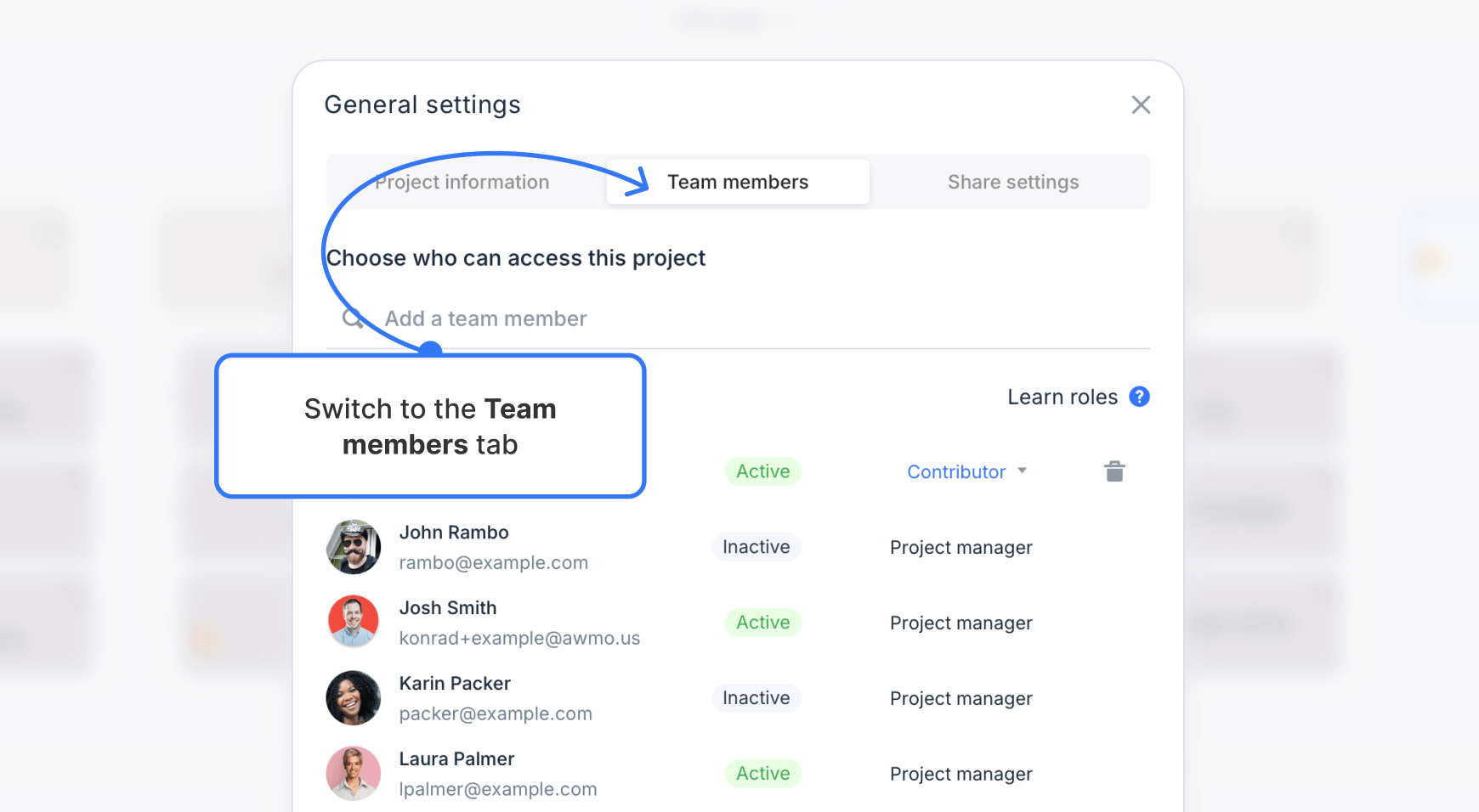 Team members tab selected in projects general settings modal window
