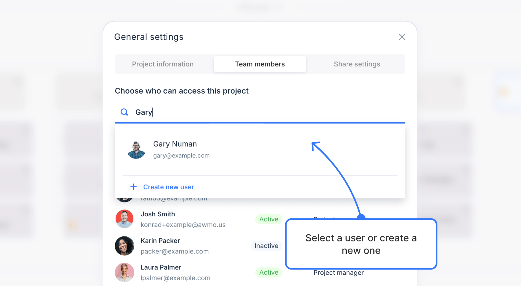 A user search bar expanded on the team members tab