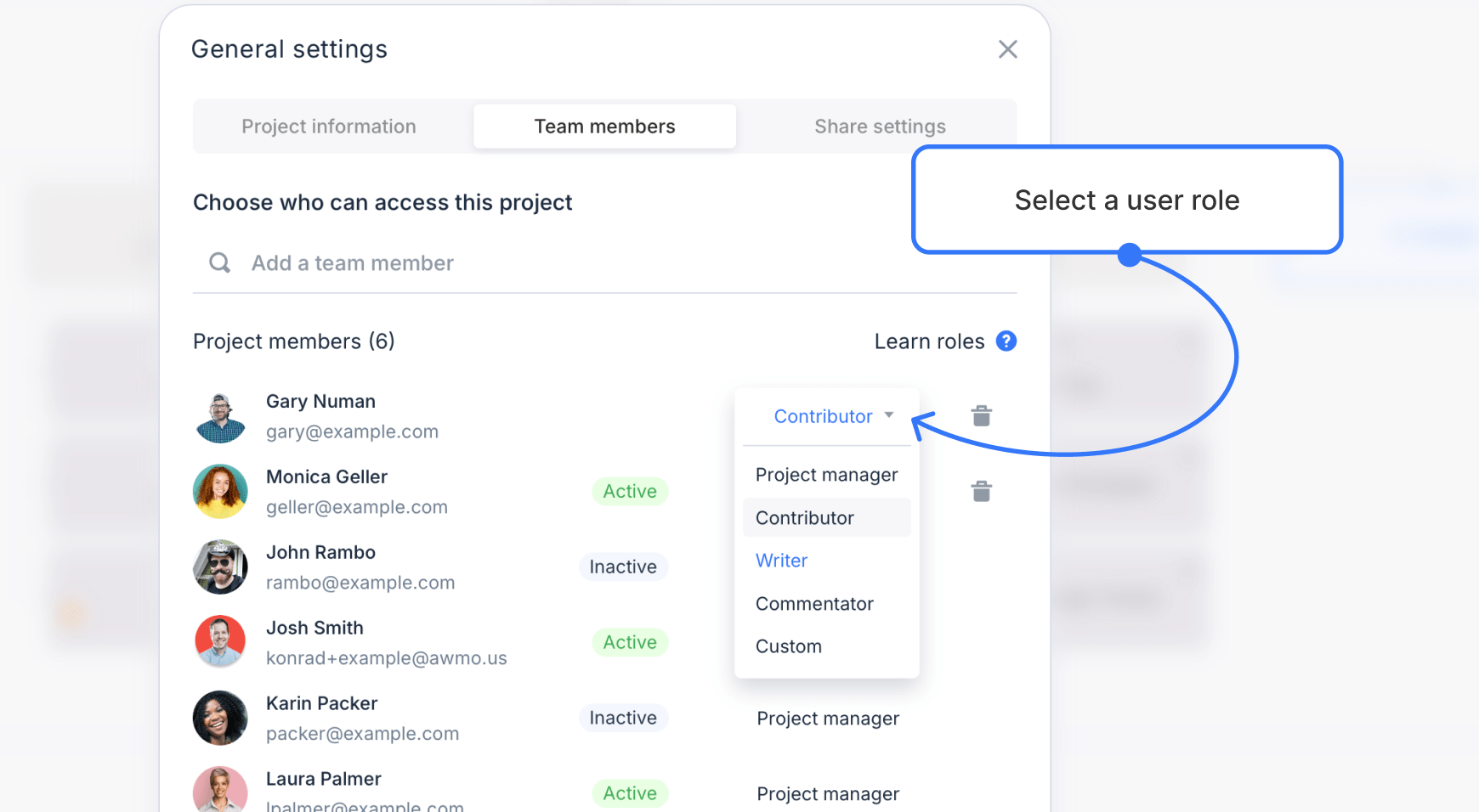 User role dropdown expanded on the team members tab