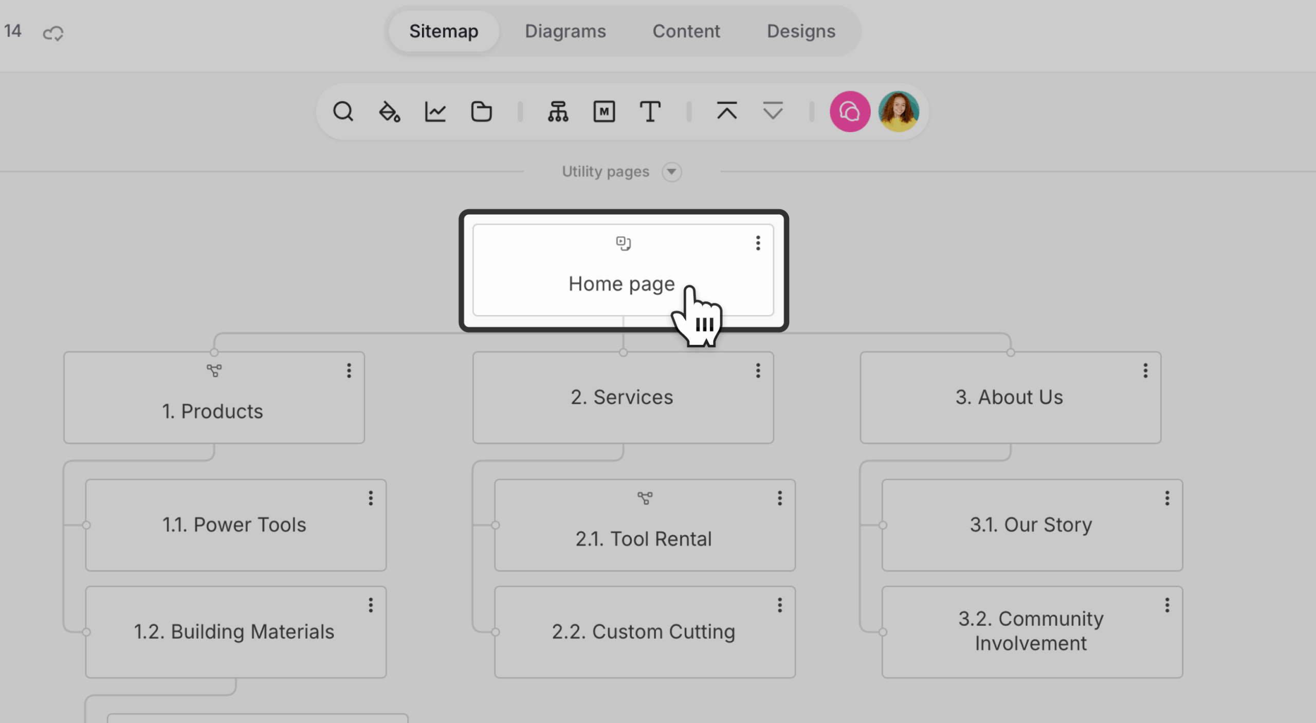 sitemap view with homepage highlighted with hand cursor scaled