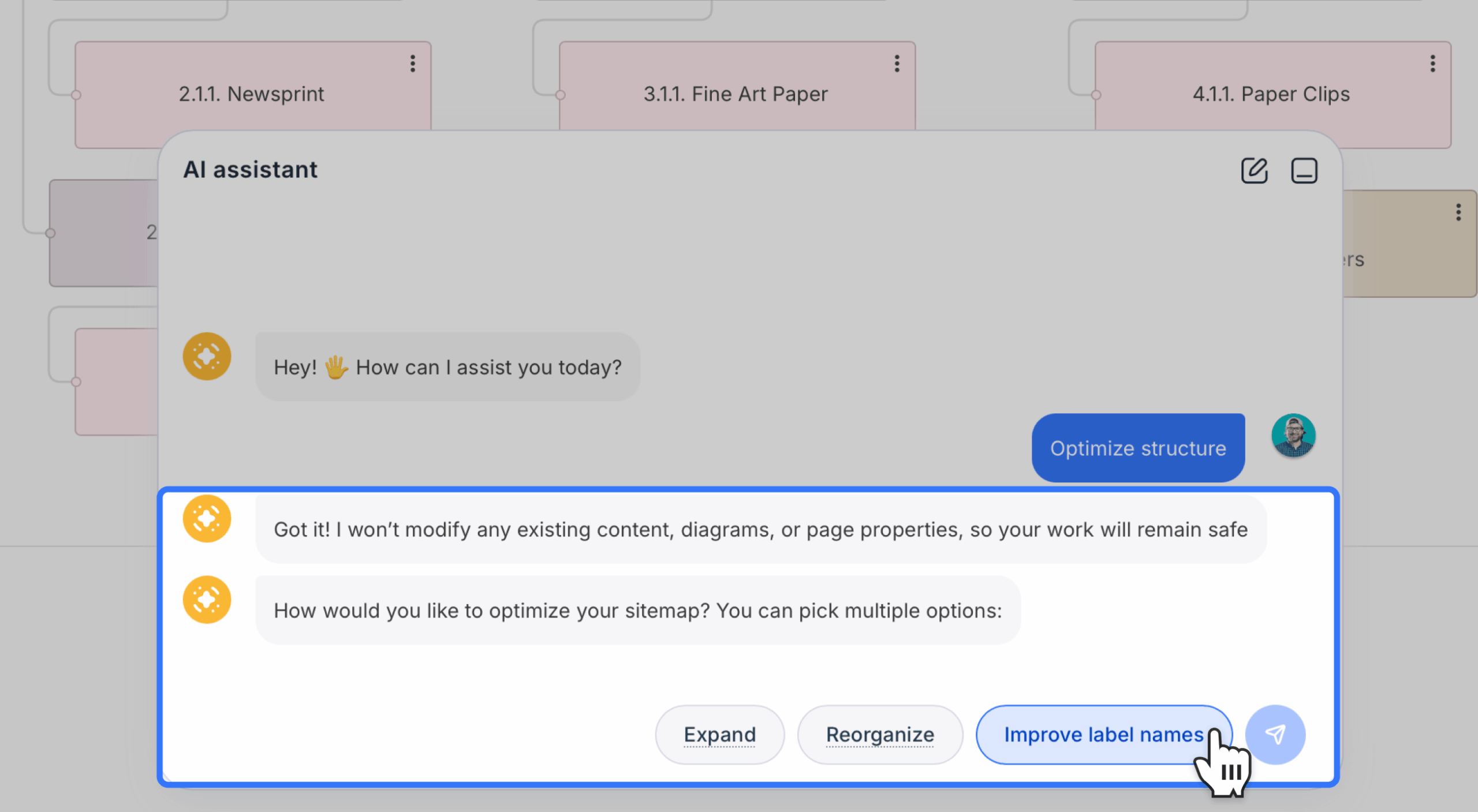 Ai assistant window creating new section with one option selected scaled