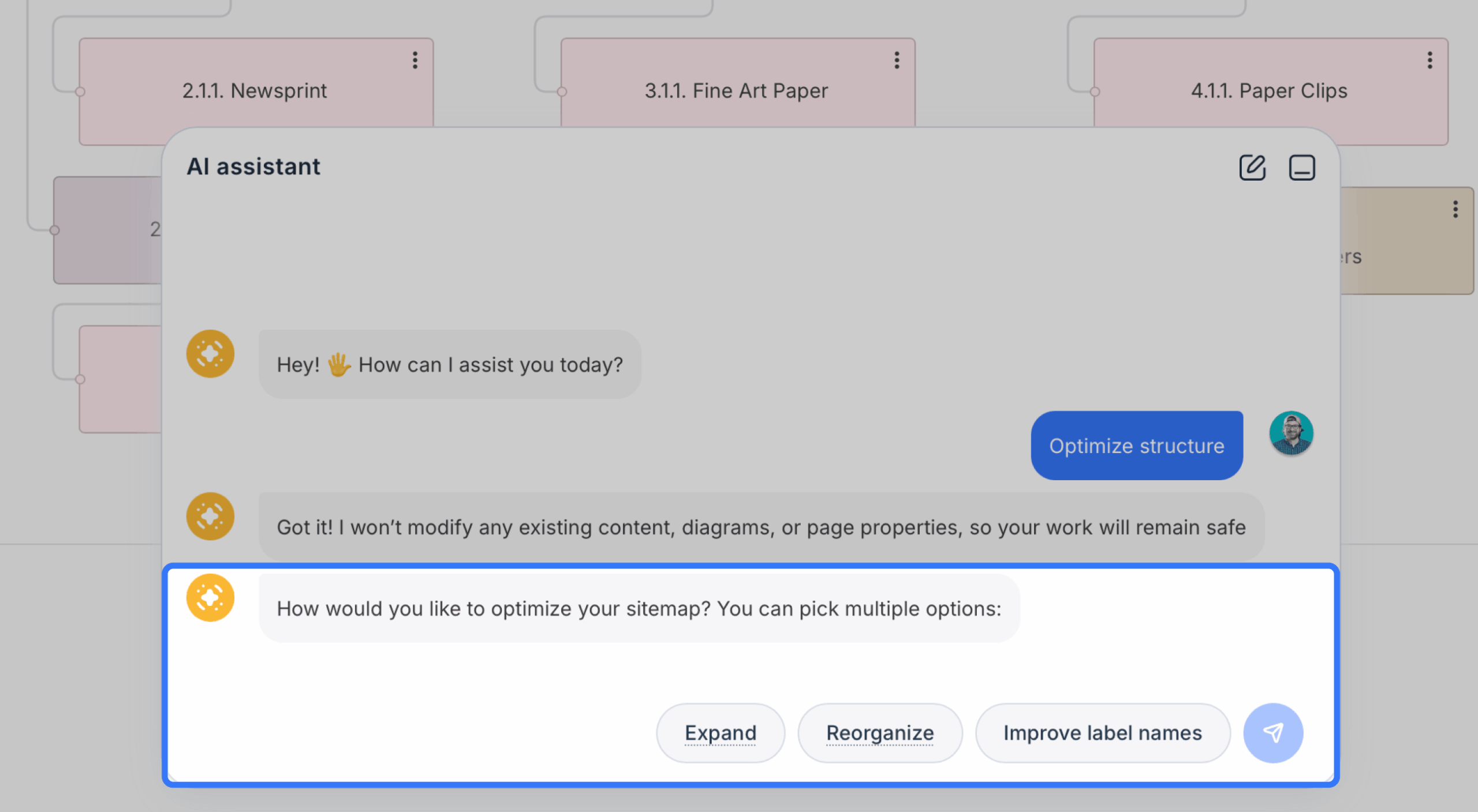 Ai assistant window displaying more options for creating new section scaled