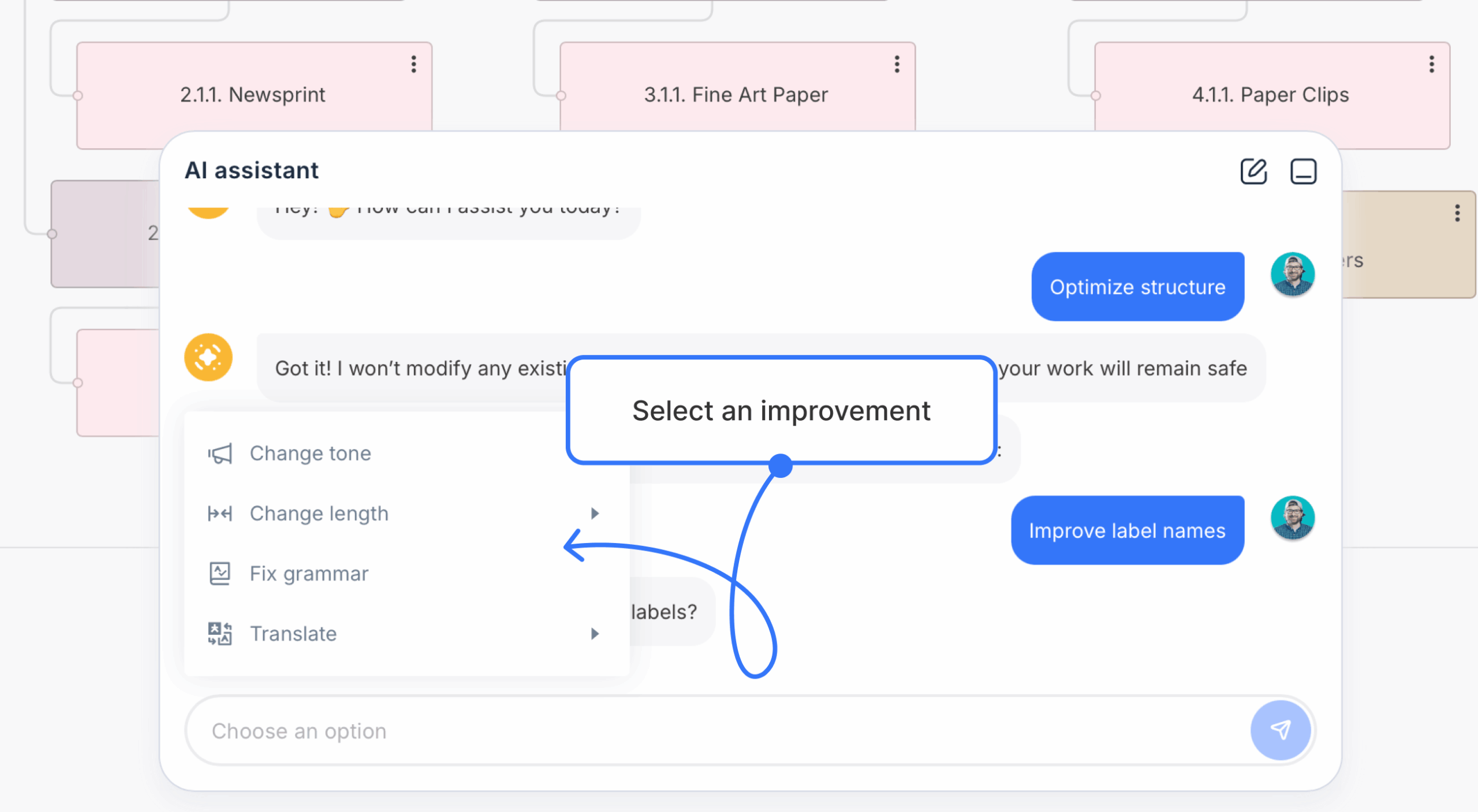Ai assistant window with label improvement menu opened scaled