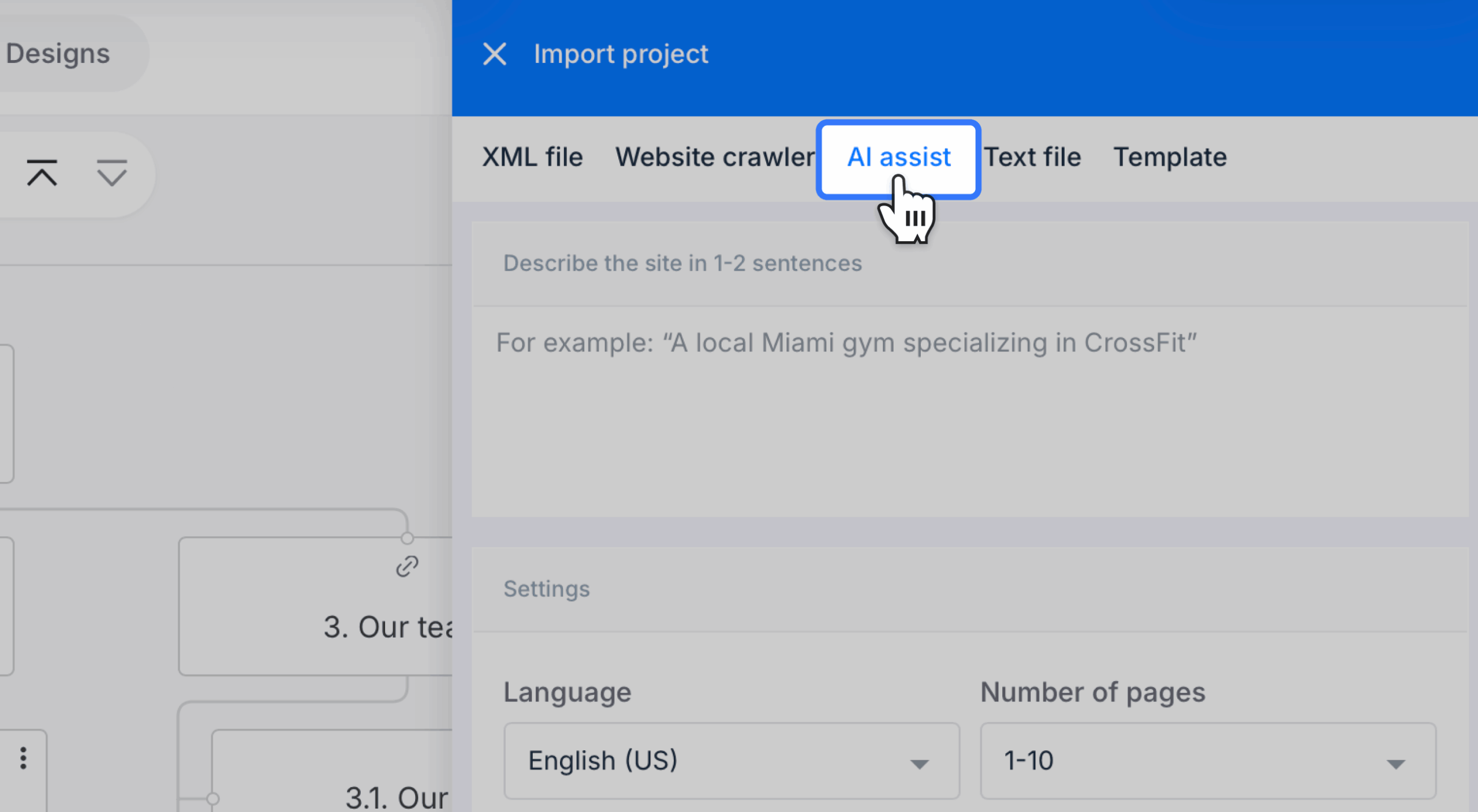 AI assist tab selected on sitemaps import panel