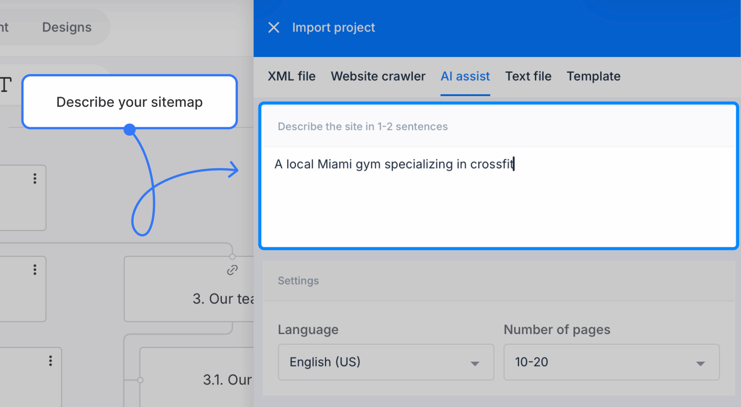 A brief website descripton provided inside of an import panel