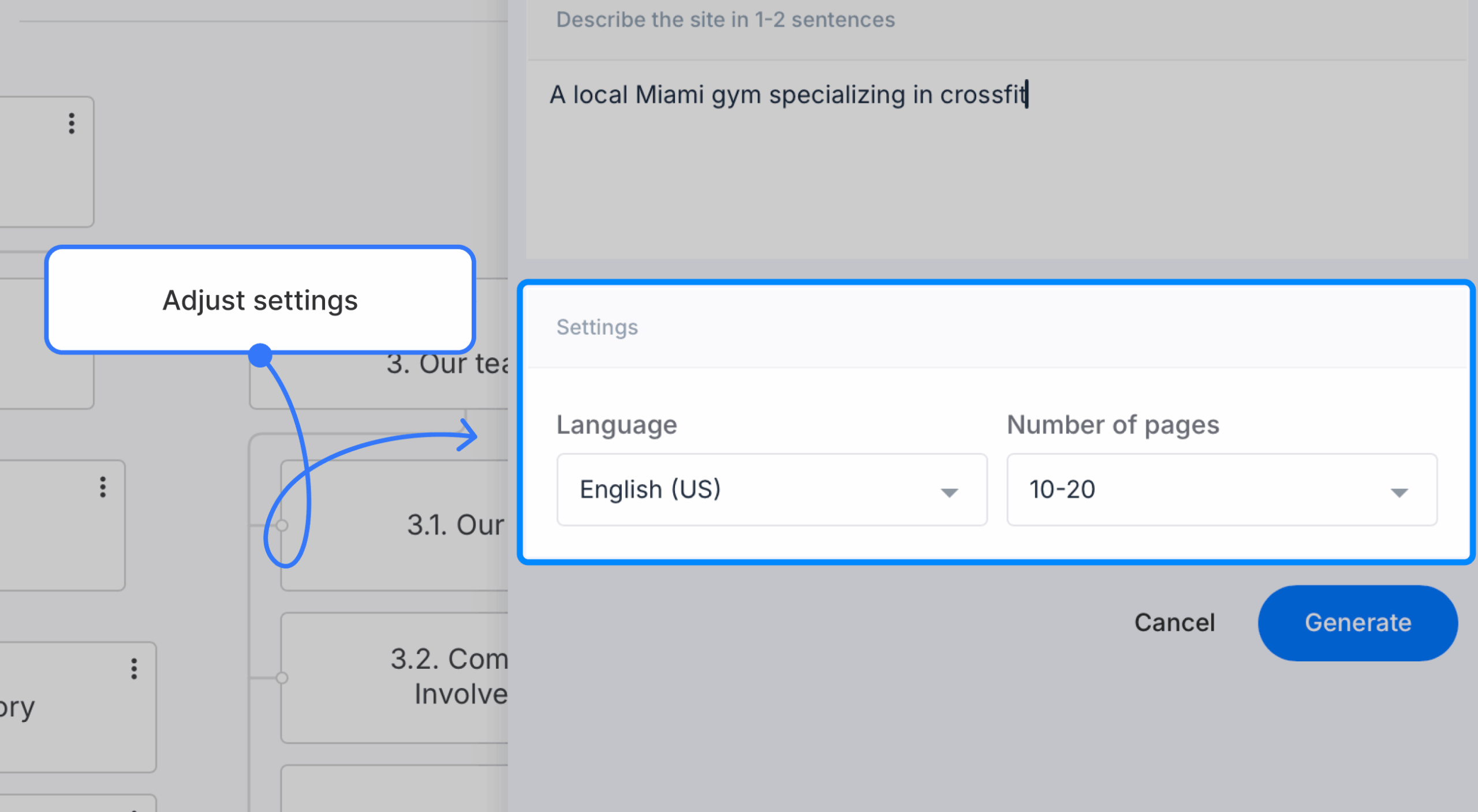 Language and page number options highlighten on Ai assistant import panel