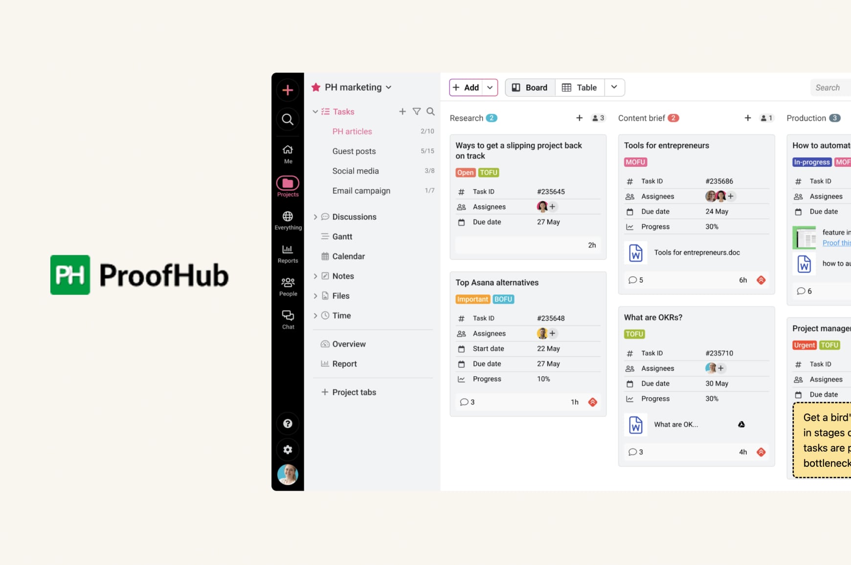 ProofHub project board with tasks organized on a Kanban-style interface