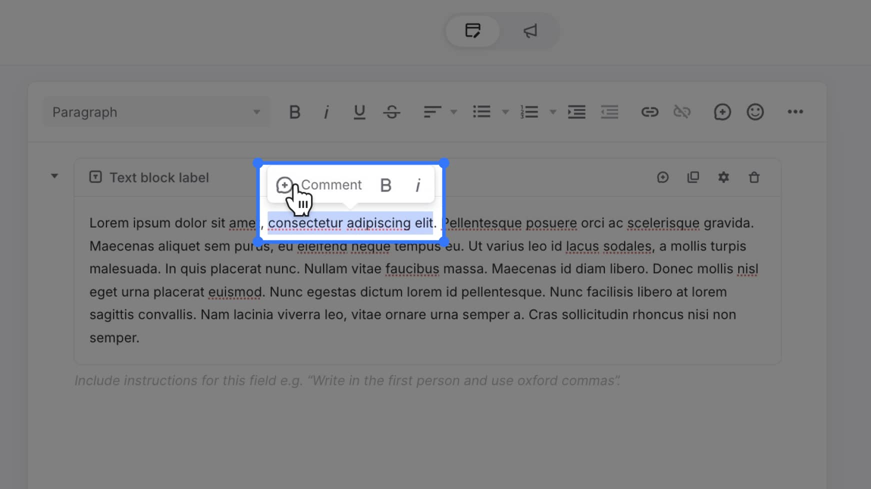 Floating mini-toolbar with comment icon visible