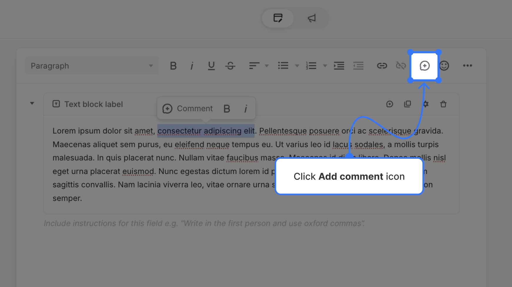 Formatting bar with comment icon highlighted
