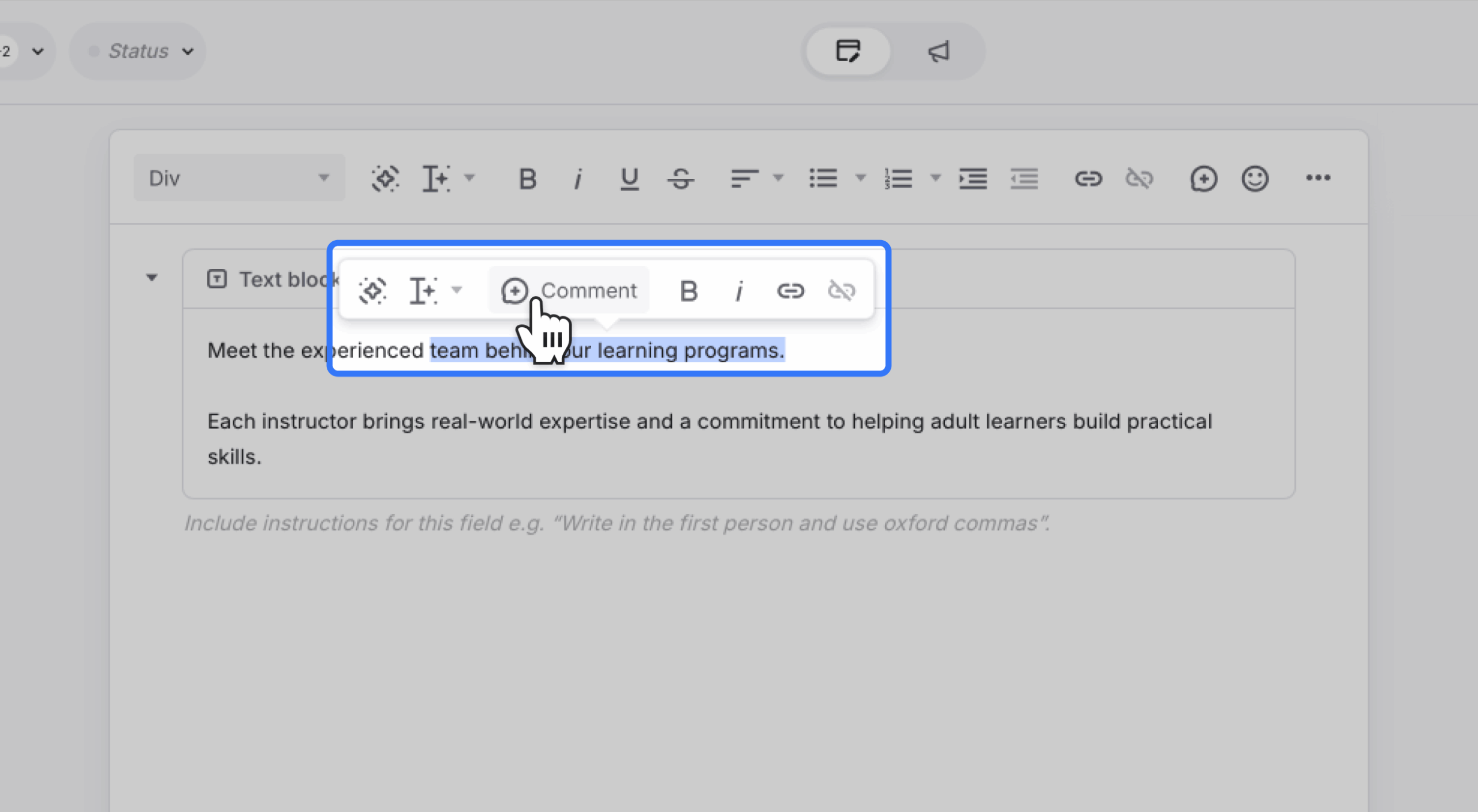 Floating mini-toolbar with comment icon visible on a text block