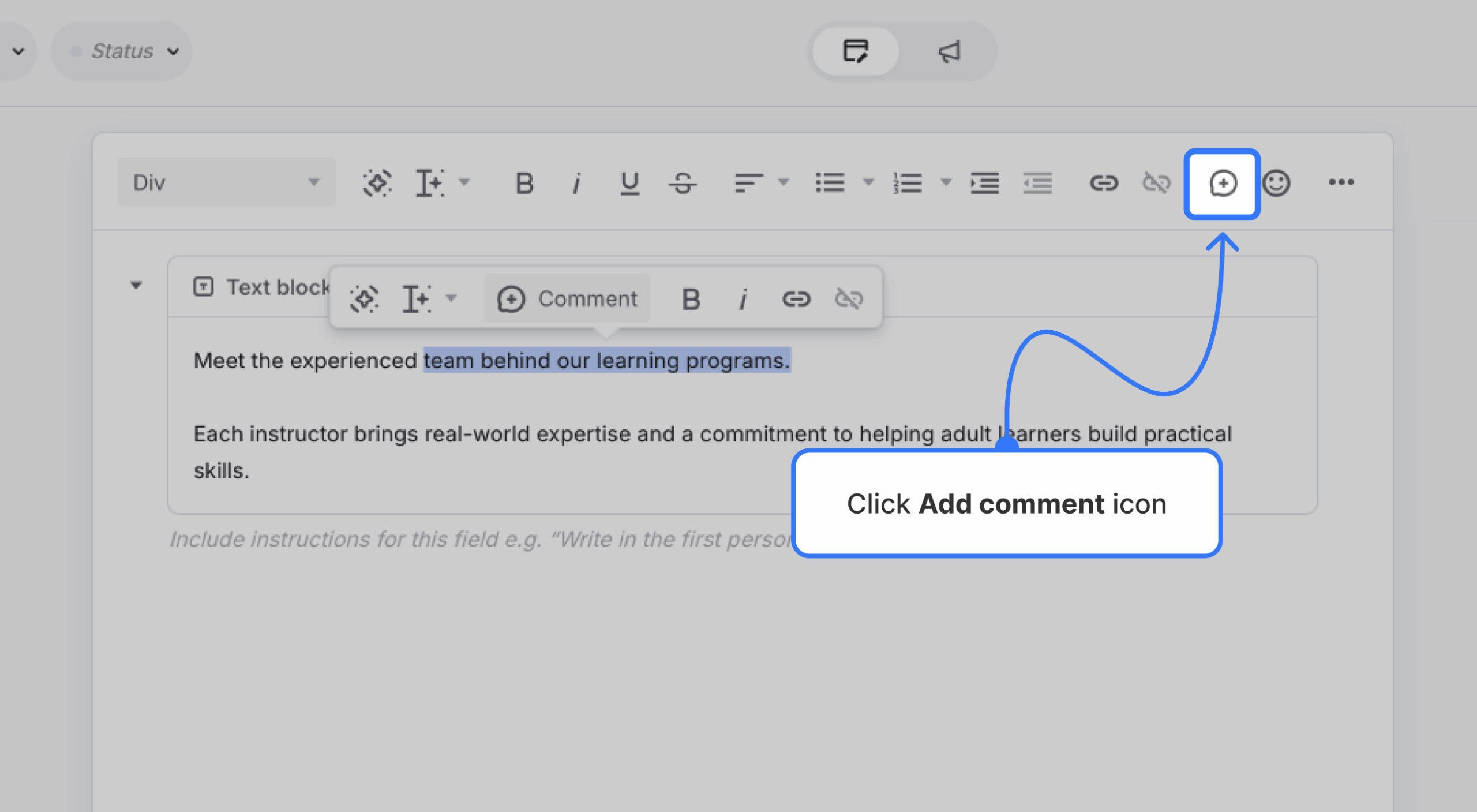 Formatting bar with comment icon highlighted