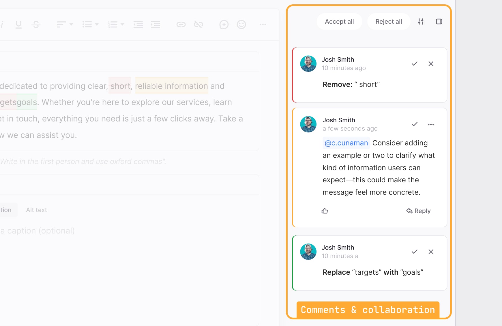 Screenshot of the comments panel showing inline comments, tracked changes, and resolved feedback threads in the right-hand sidebar.