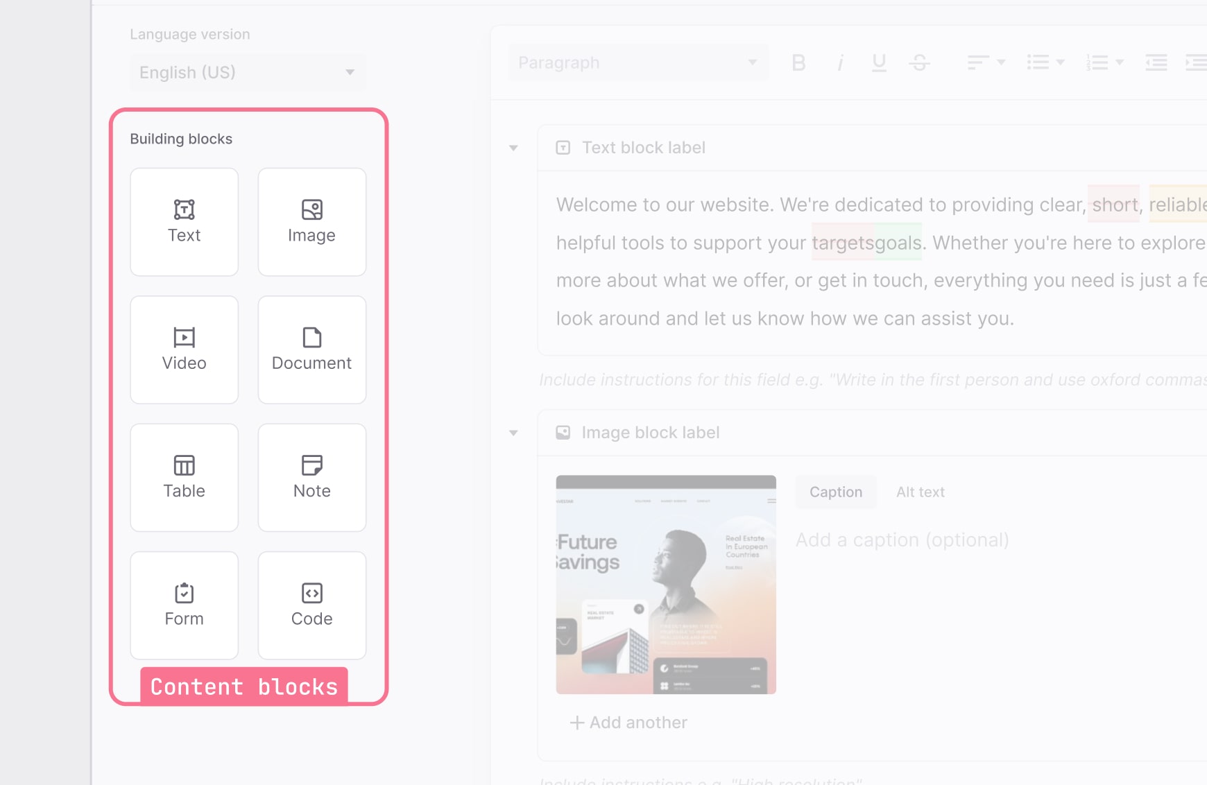 Screenshot showing the left panel of the editor with available content blocks including headings, media, and layout elements.
