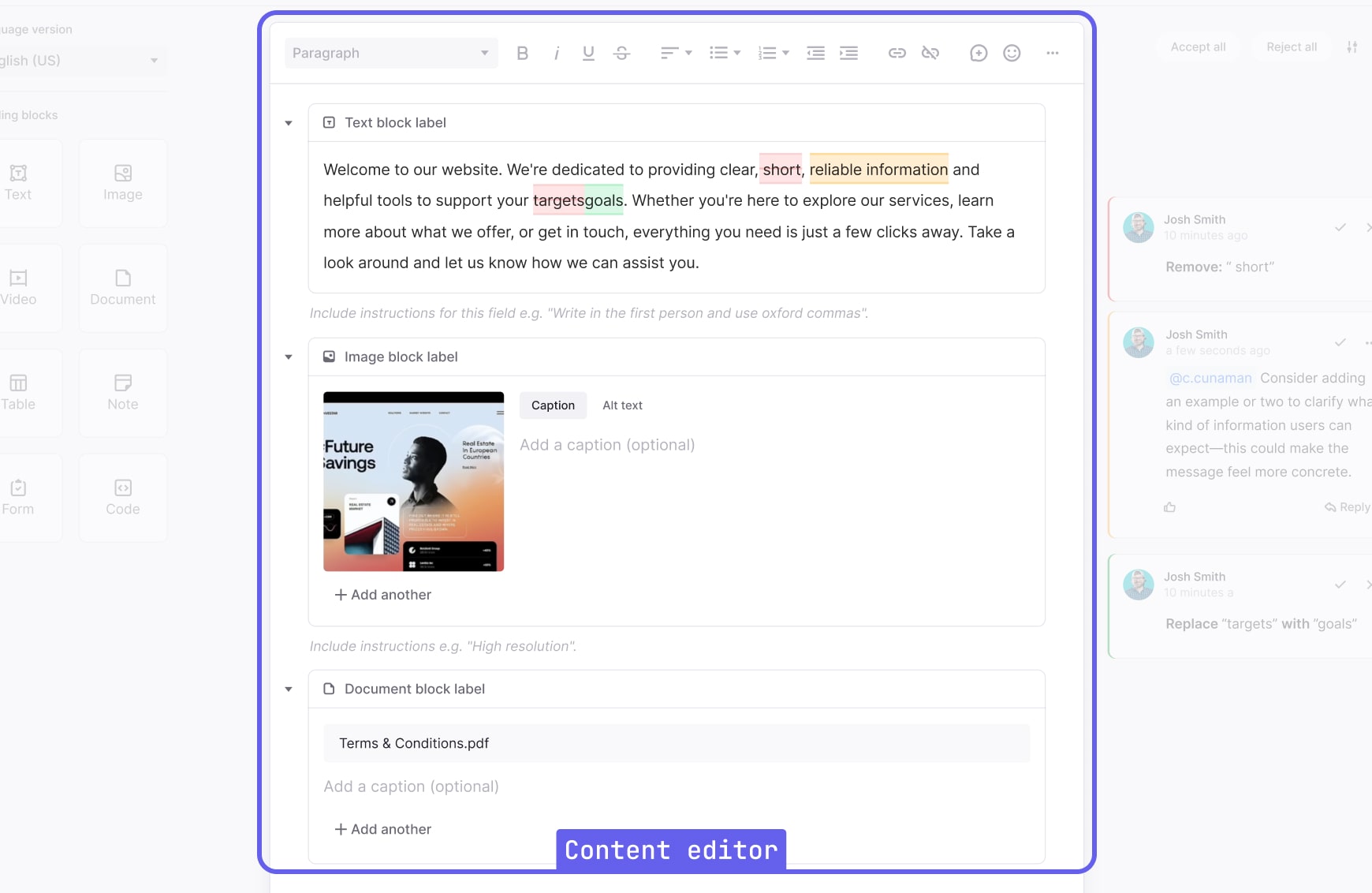 Screenshot showing the central content editing area with structured layout blocks, styled text, and focus mode active.