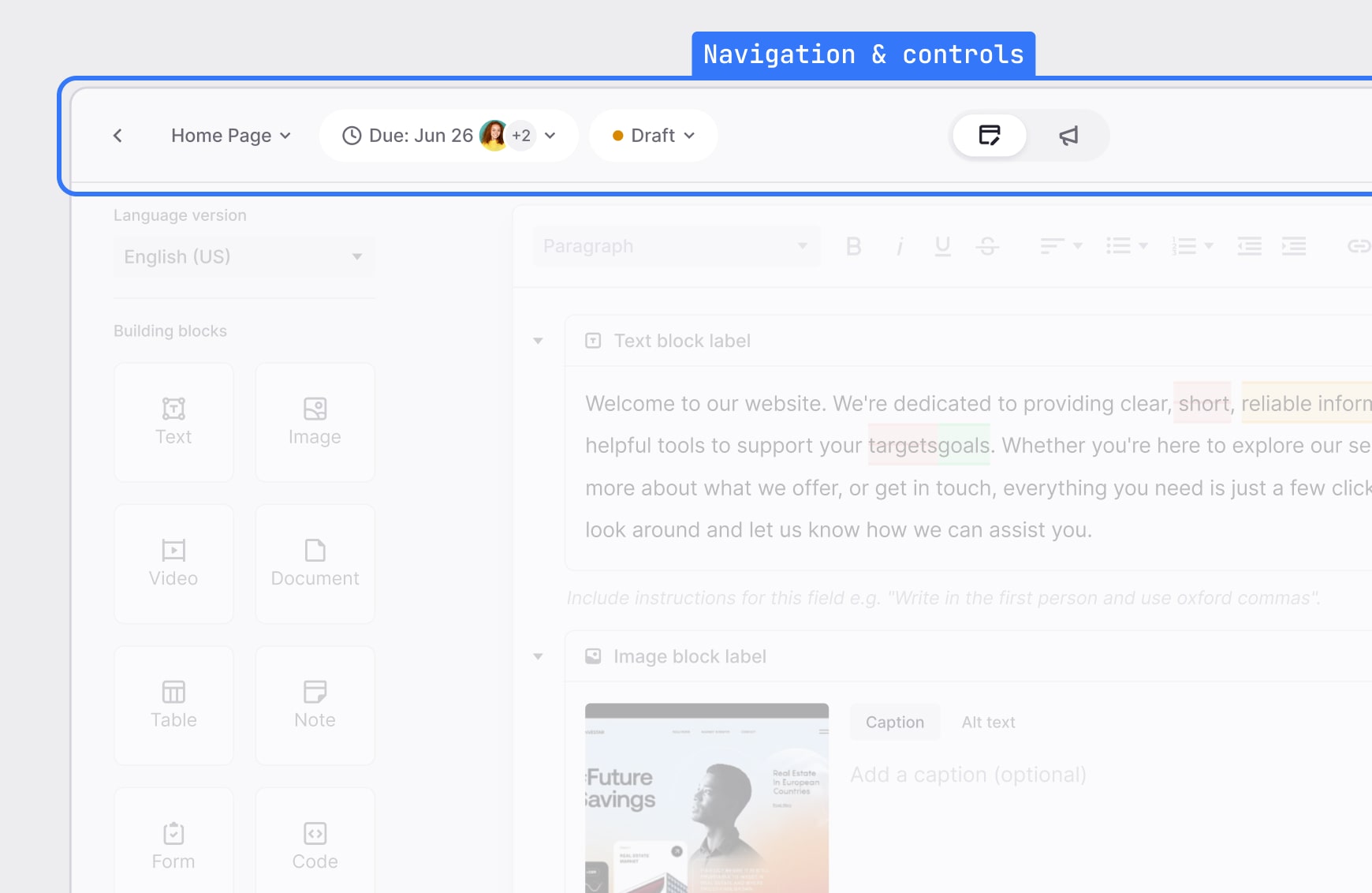 Cropped screenshot of the editor’s top bar showing page navigation, suggestive mode toggle, view options, and export tools.