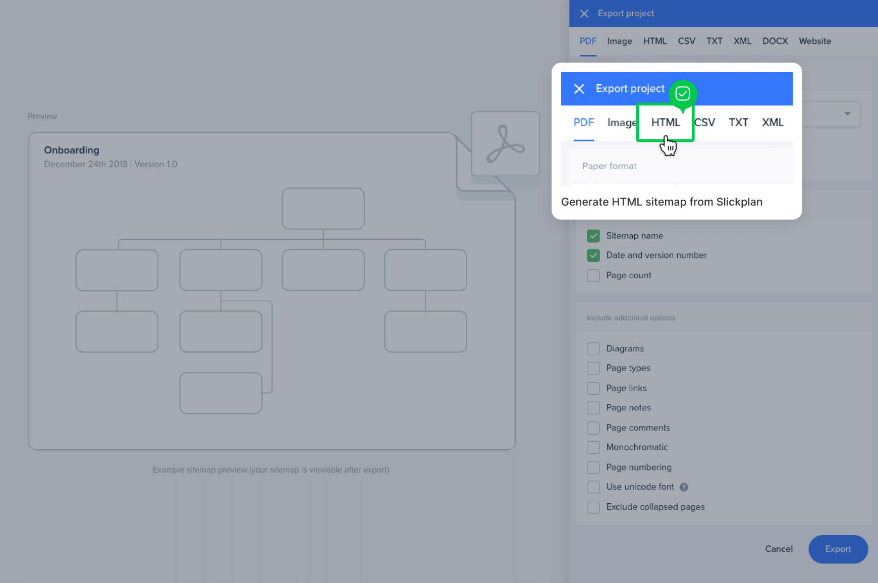 Slickplan export settings showing option to generate an HTML sitemap from a project.