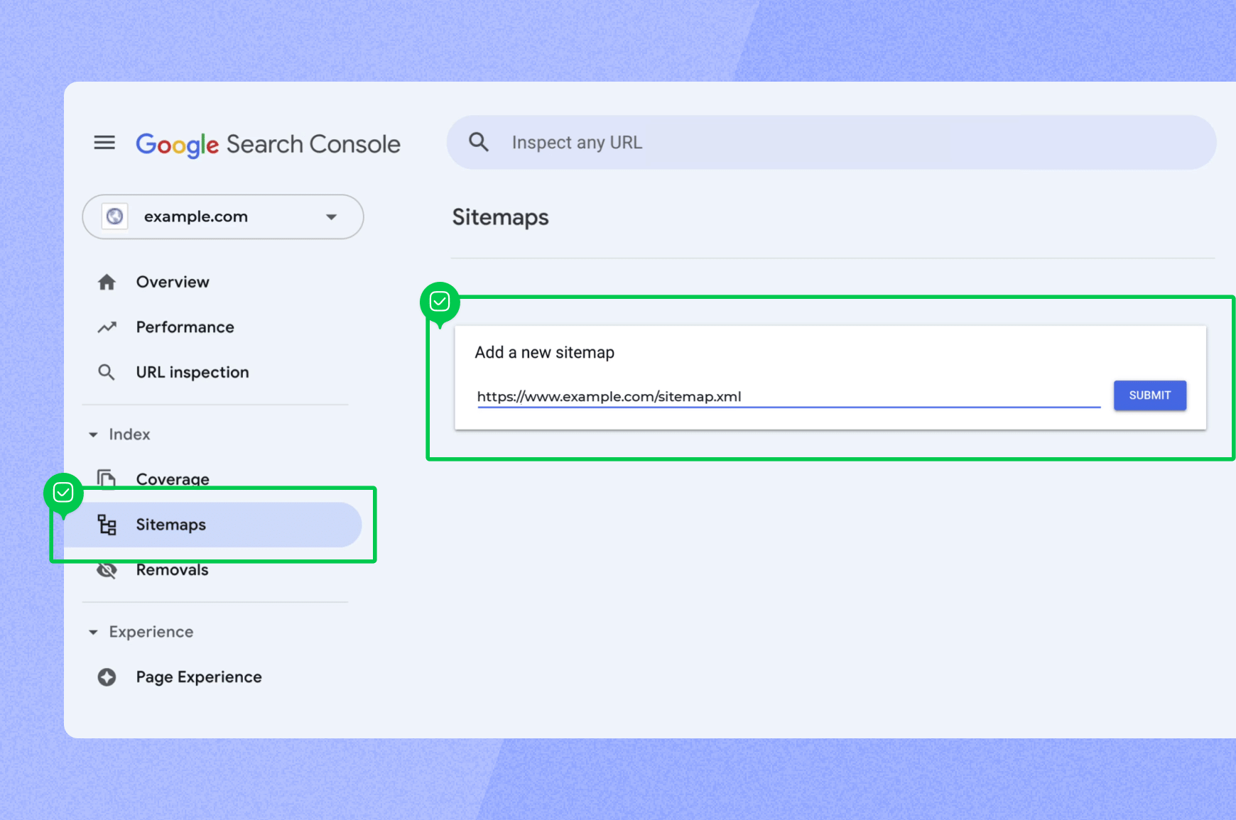  How to add a sitemap to Google Search Console with steps highlighted.