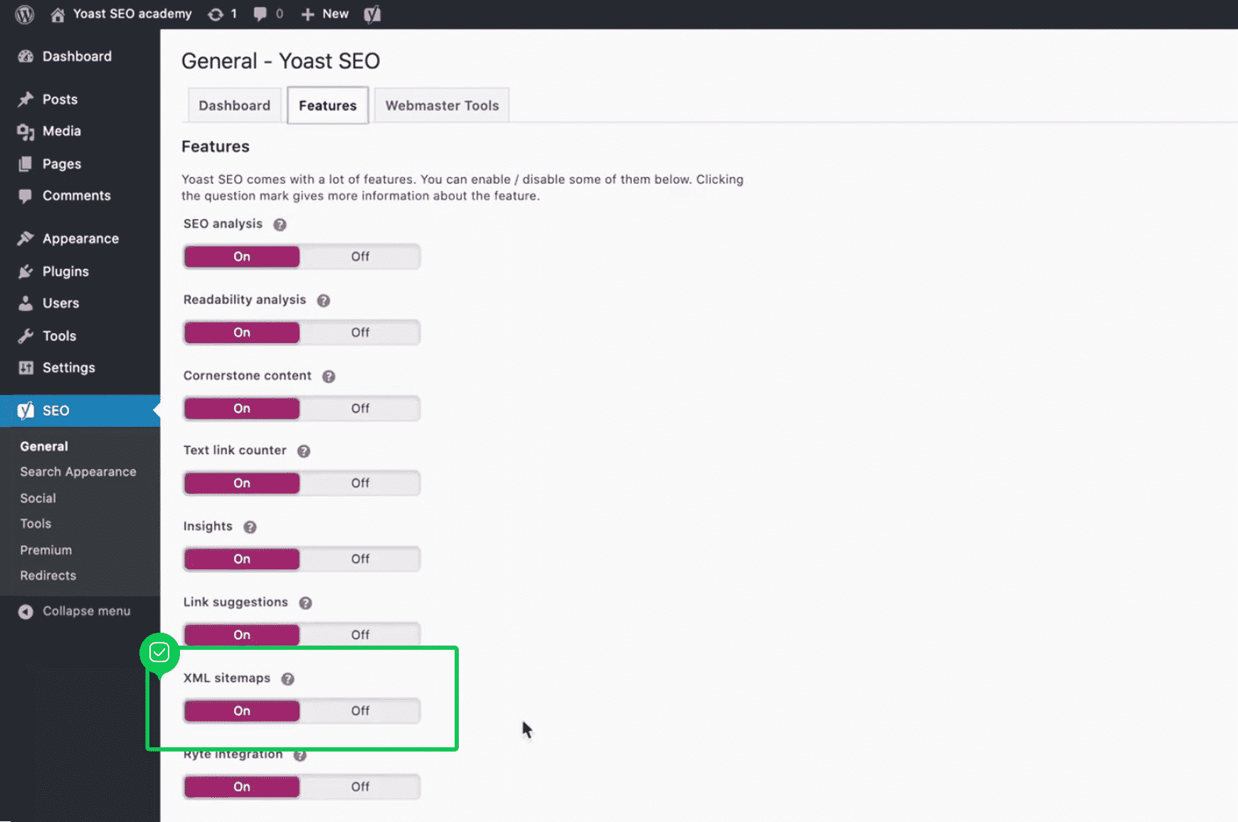 Yoast SEO plugin settings screen with XML sitemaps feature highlighted and turned on. 