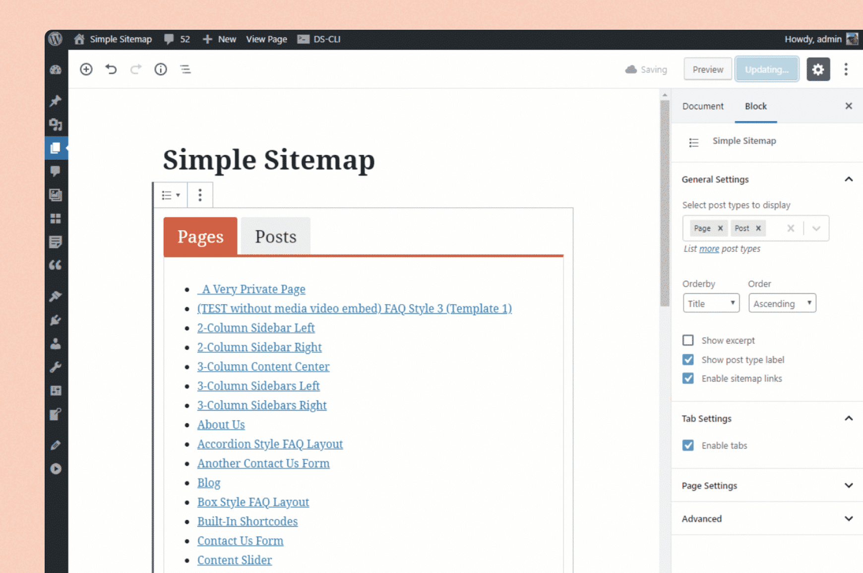 WordPress editor displaying an HTML sitemap made with Simple Sitemap showing pages and posts listed. 
